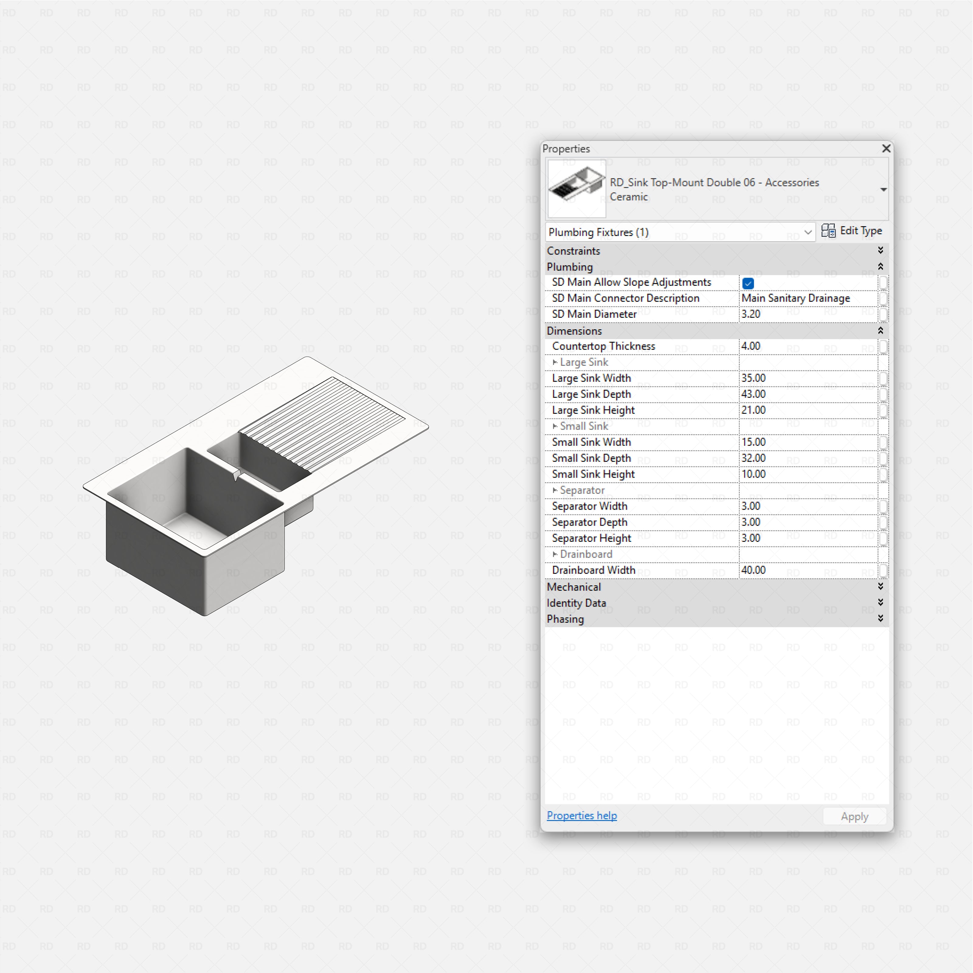 revit kitchen sink with accessories RD Studio BIM blocks rfa, top-mount large and small bowls plus drainboard