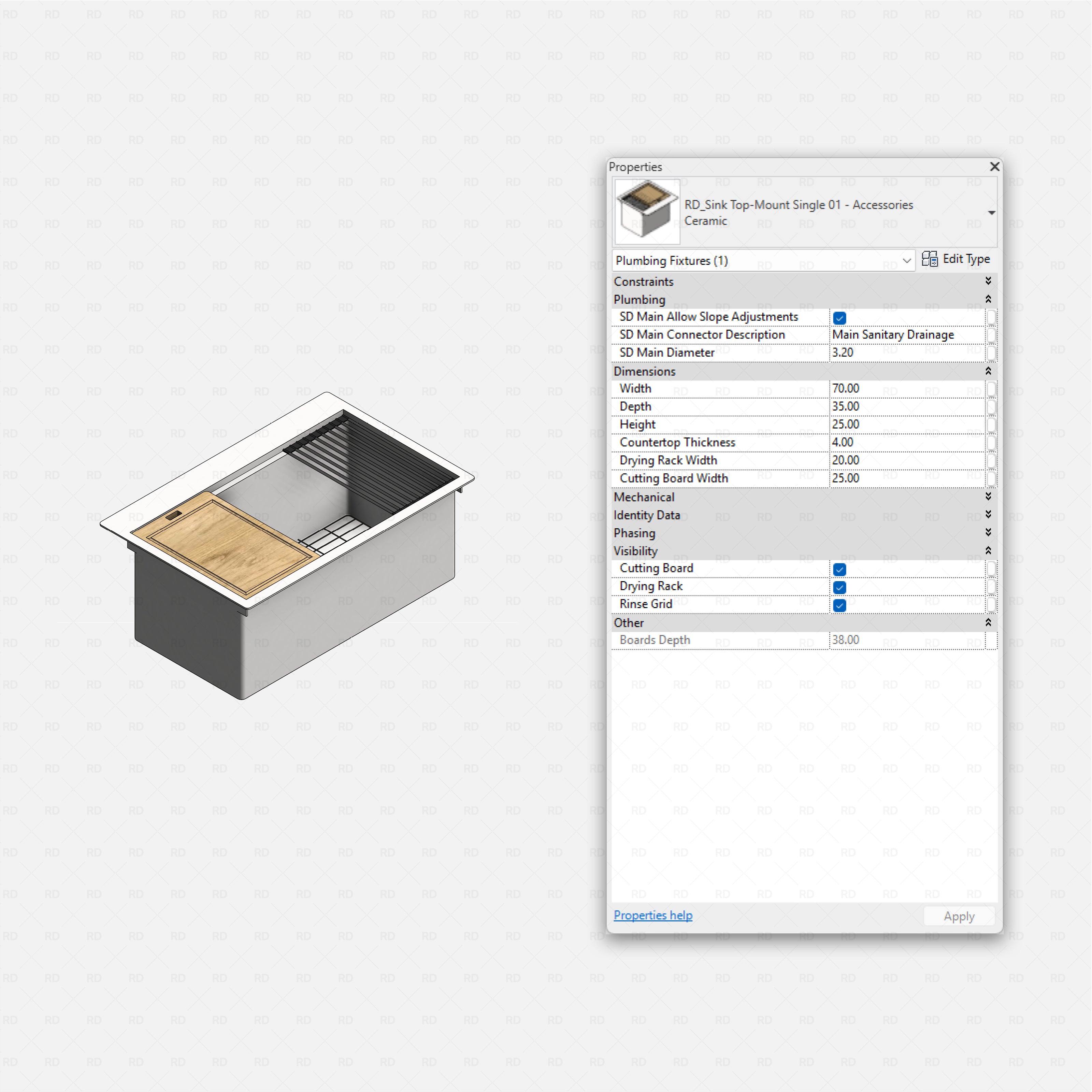 revit kitchen sink with accessories RD Studio BIM blocks rfa, top-mount single with board, rack and rinse grid