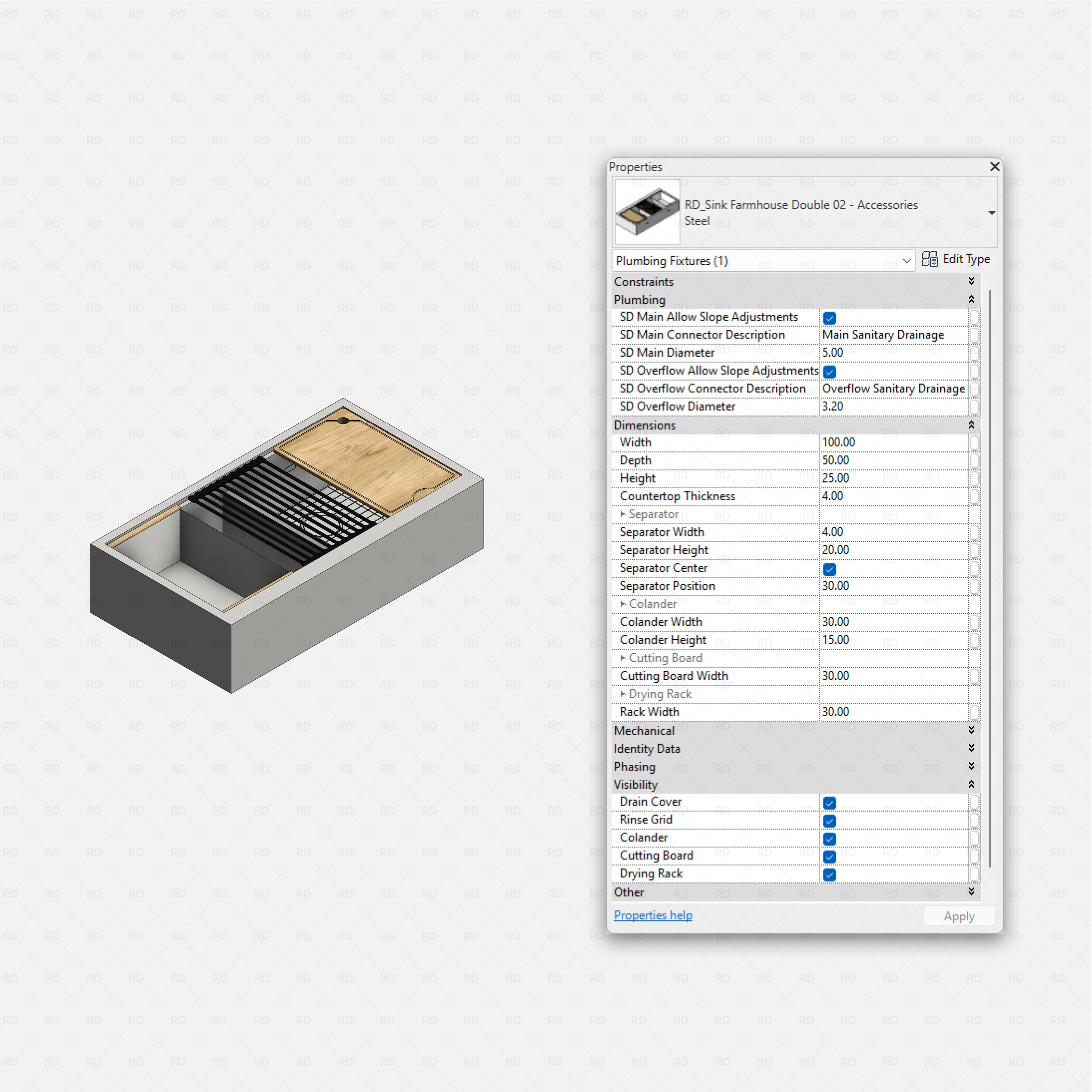 revit kitchen sink with accessories RD Studio BIM blocks rfa, farmhouse double wide with roll rack and board