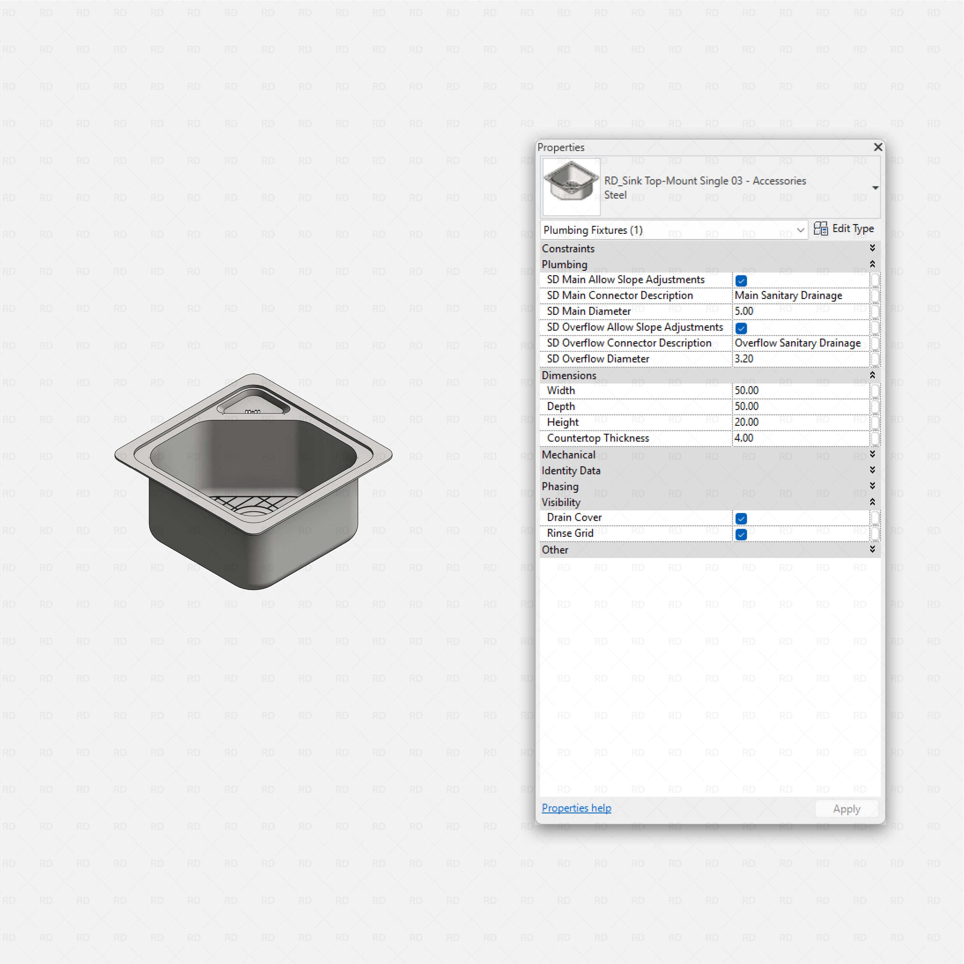 revit kitchen sink with accessories RD Studio BIM blocks rfa, floorplan sheets highlighting undermount and farmhouse