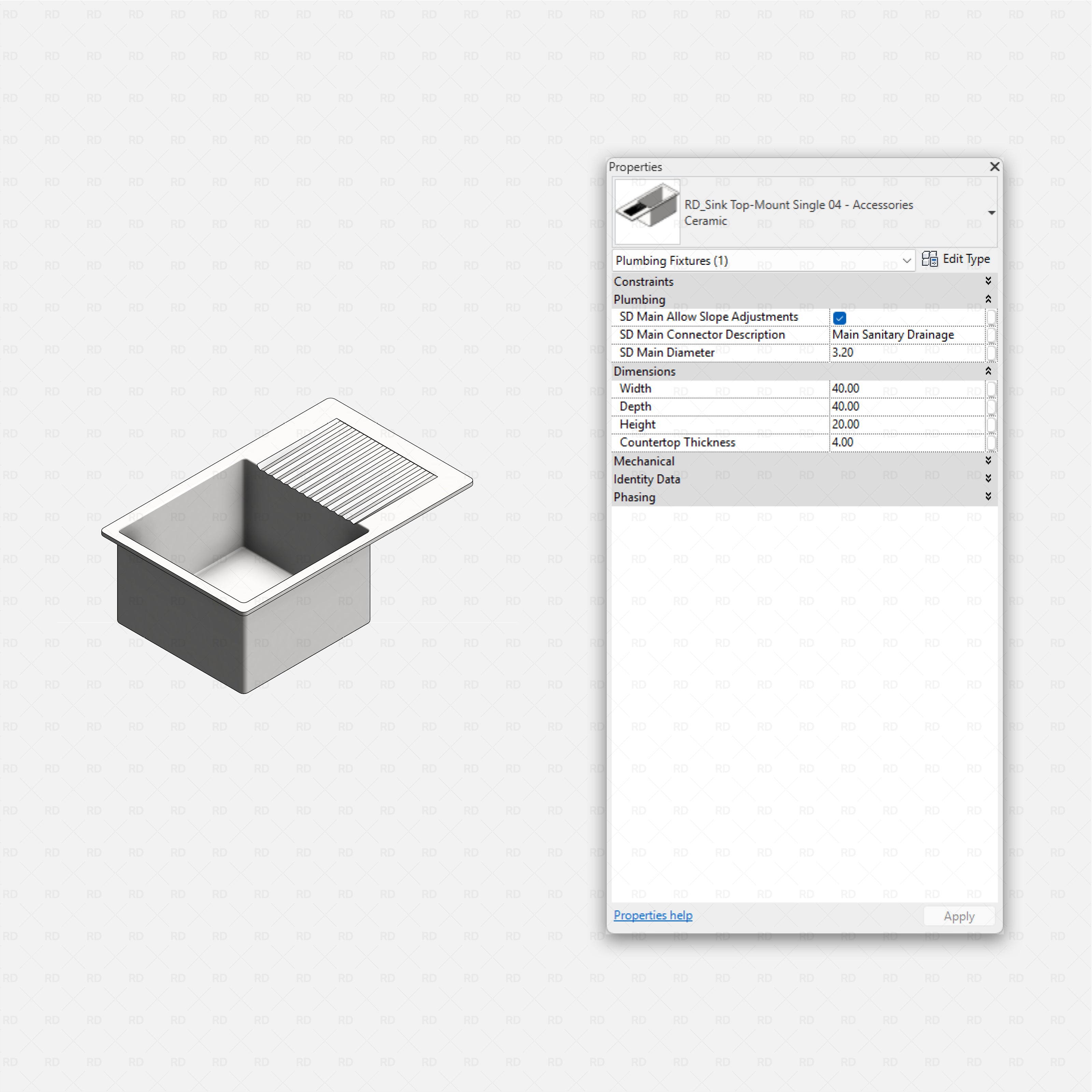 revit kitchen sink with accessories RD Studio BIM blocks rfa, single with integrated drainboard