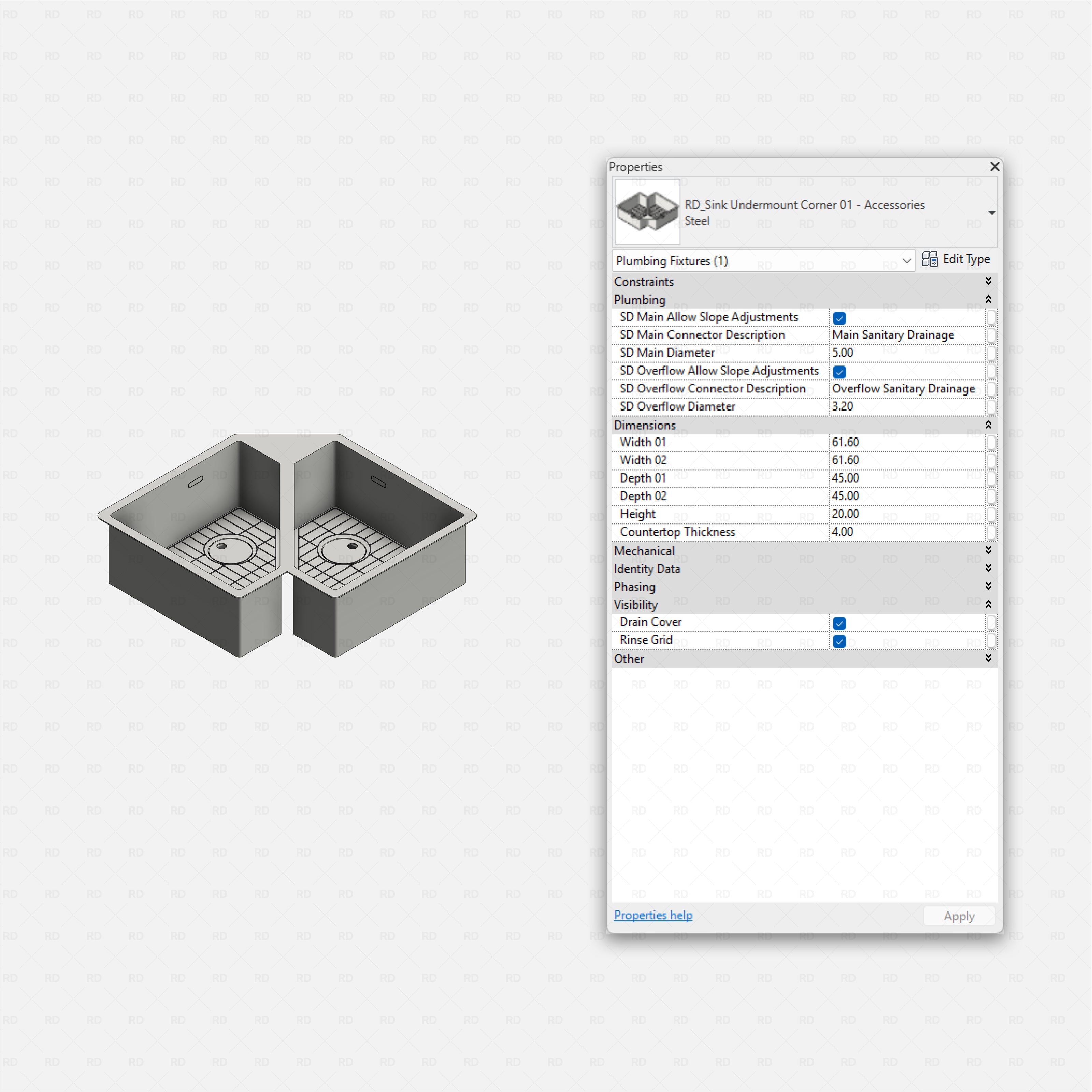 revit kitchen sink with accessories RD Studio BIM blocks rfa, corner sink with rinse grid