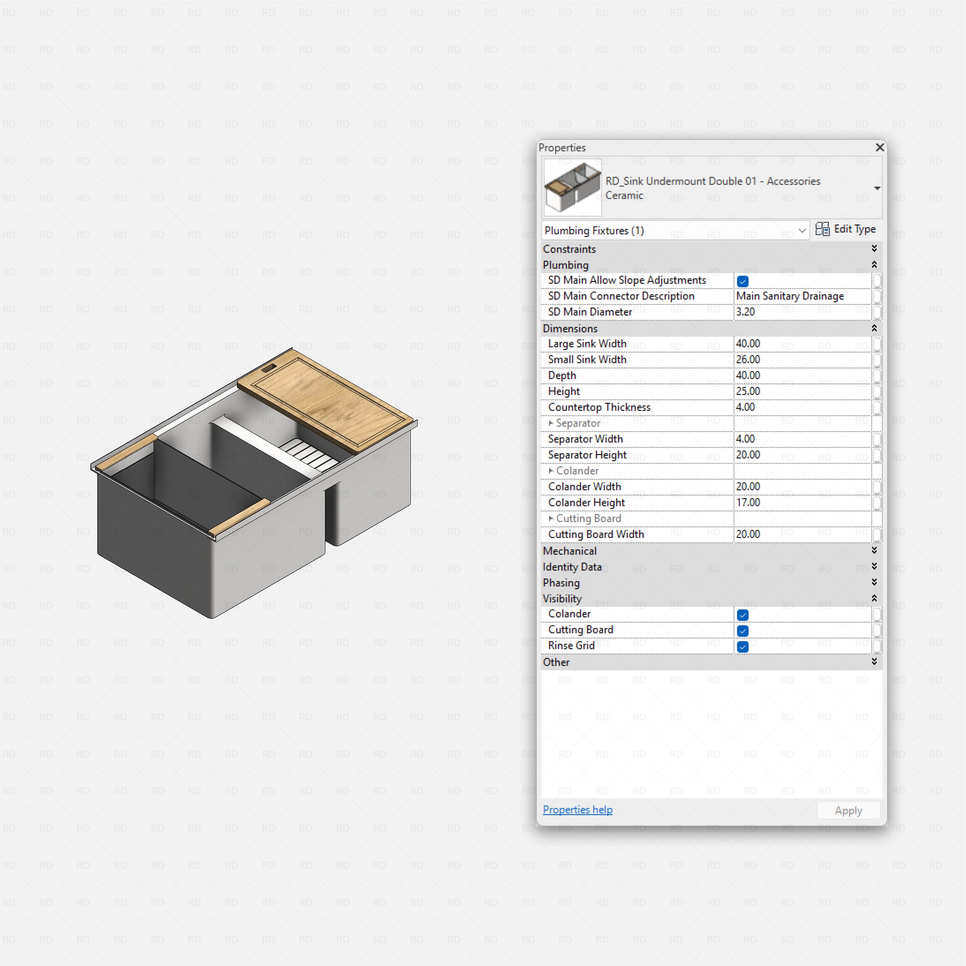 revit kitchen sink with accessories RD Studio BIM blocks rfa, undermount sink with colander and cutting board
