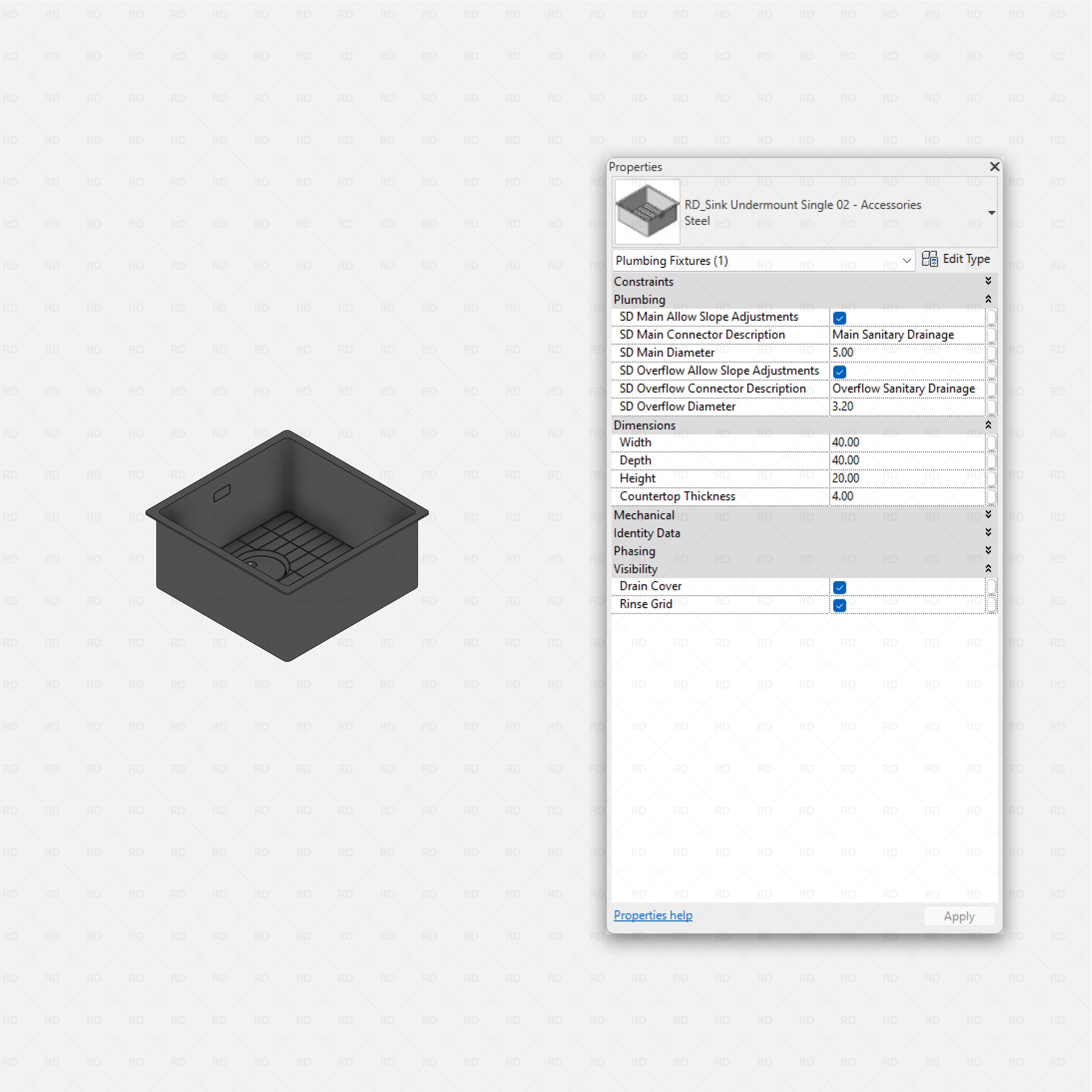 revit kitchen sink with accessories RD Studio BIM blocks rfa, single undermount sink with rinse grid