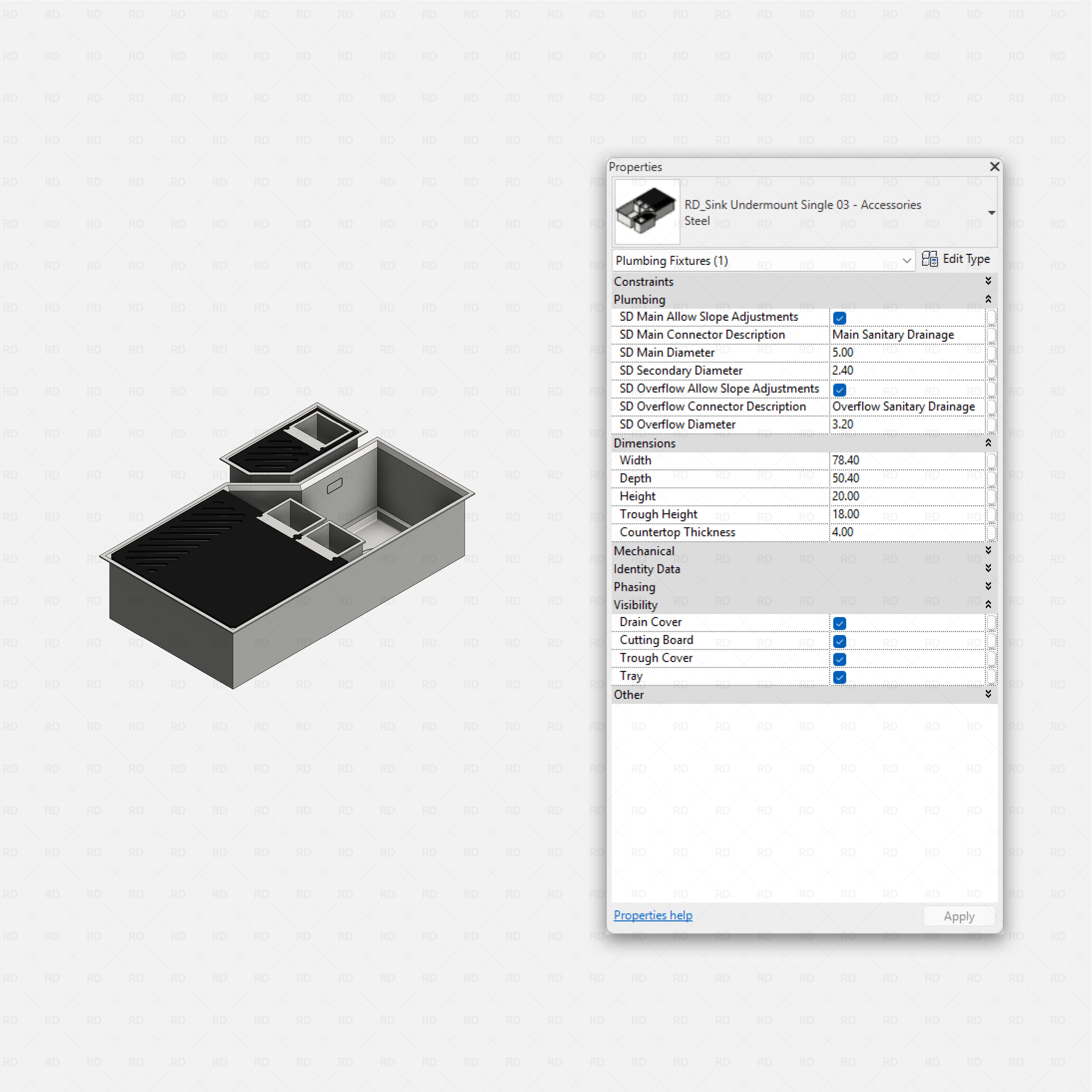 revit kitchen sink with accessories RD Studio BIM blocks rfa, undermount with cutting board and cover