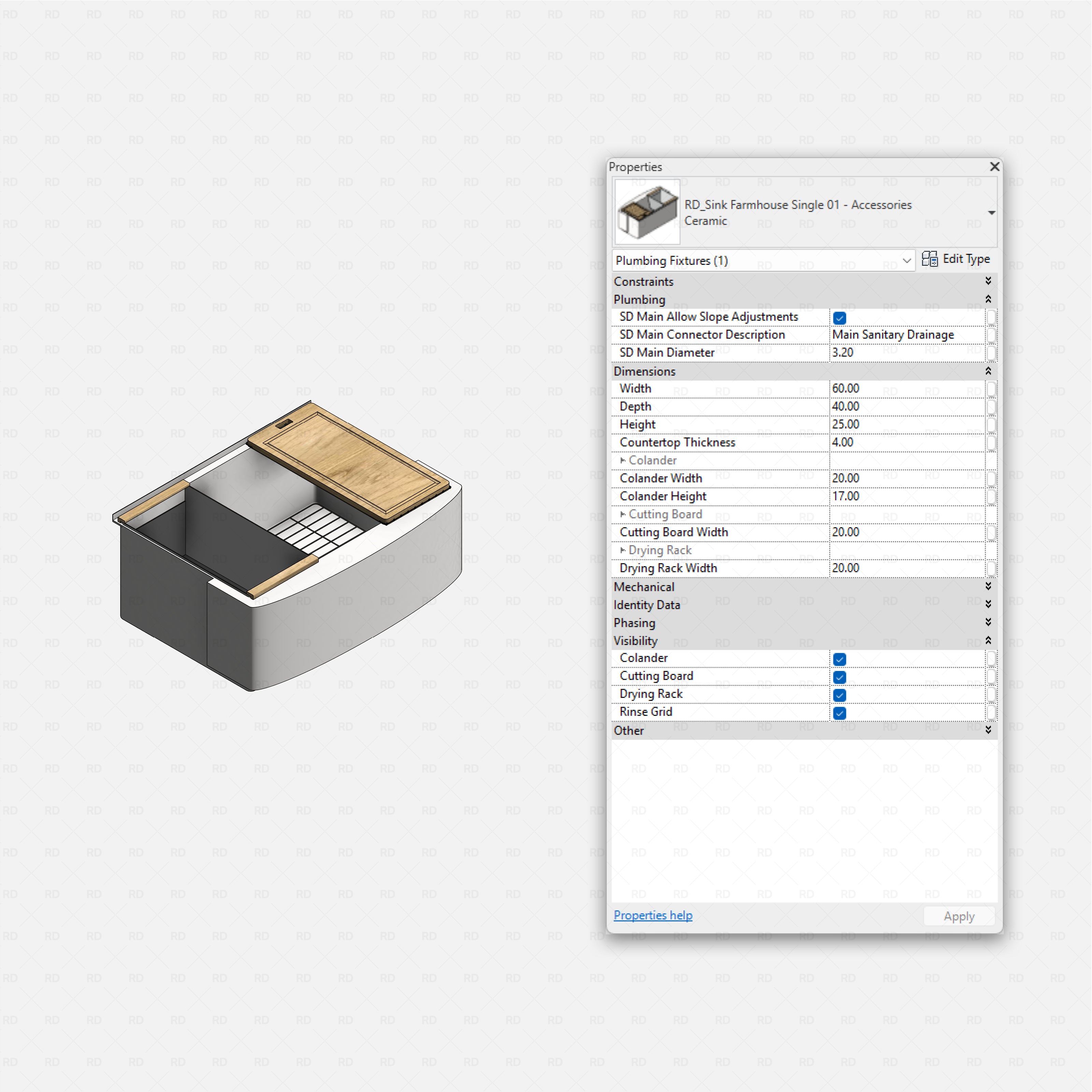 revit kitchen sink with accessories RD Studio BIM blocks rfa, farmhouse single ceramic with board, rack, colander, grid