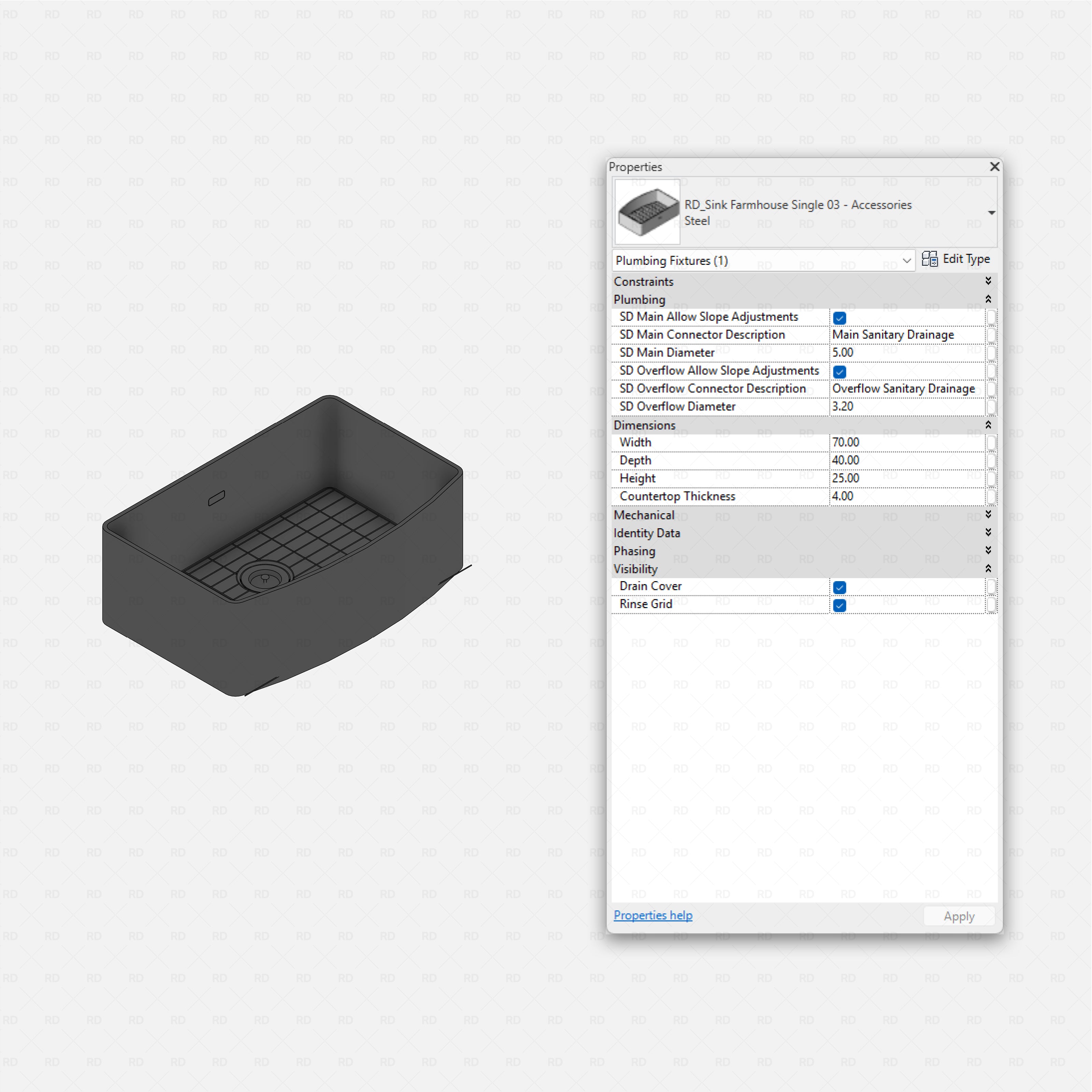 revit kitchen sink with accessories RD Studio BIM blocks rfa, farmhouse single with rinse grid and drain cover