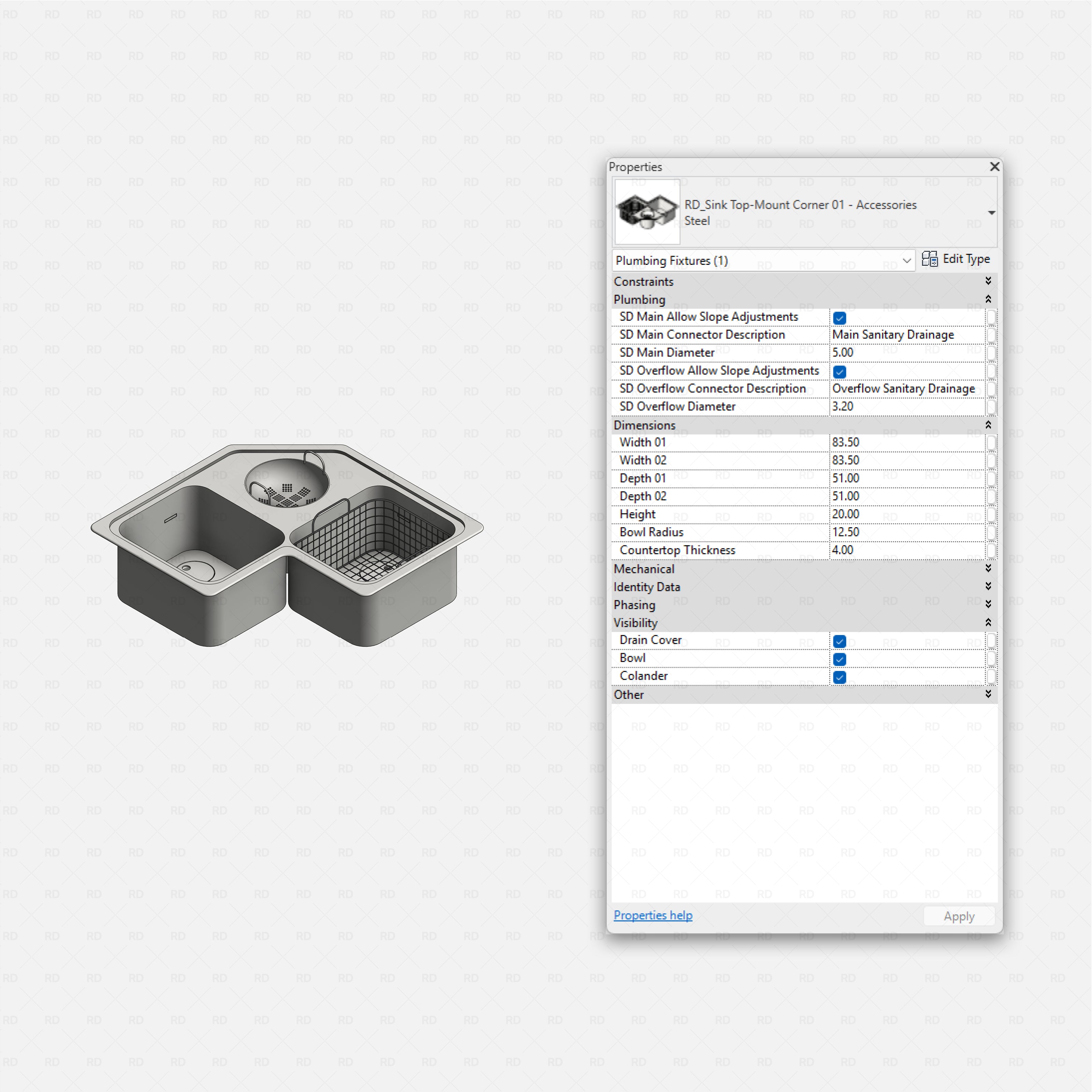 revit kitchen sink with accessories RD Studio BIM blocks rfa, top-mount corner with bowl, colander, drain cover
