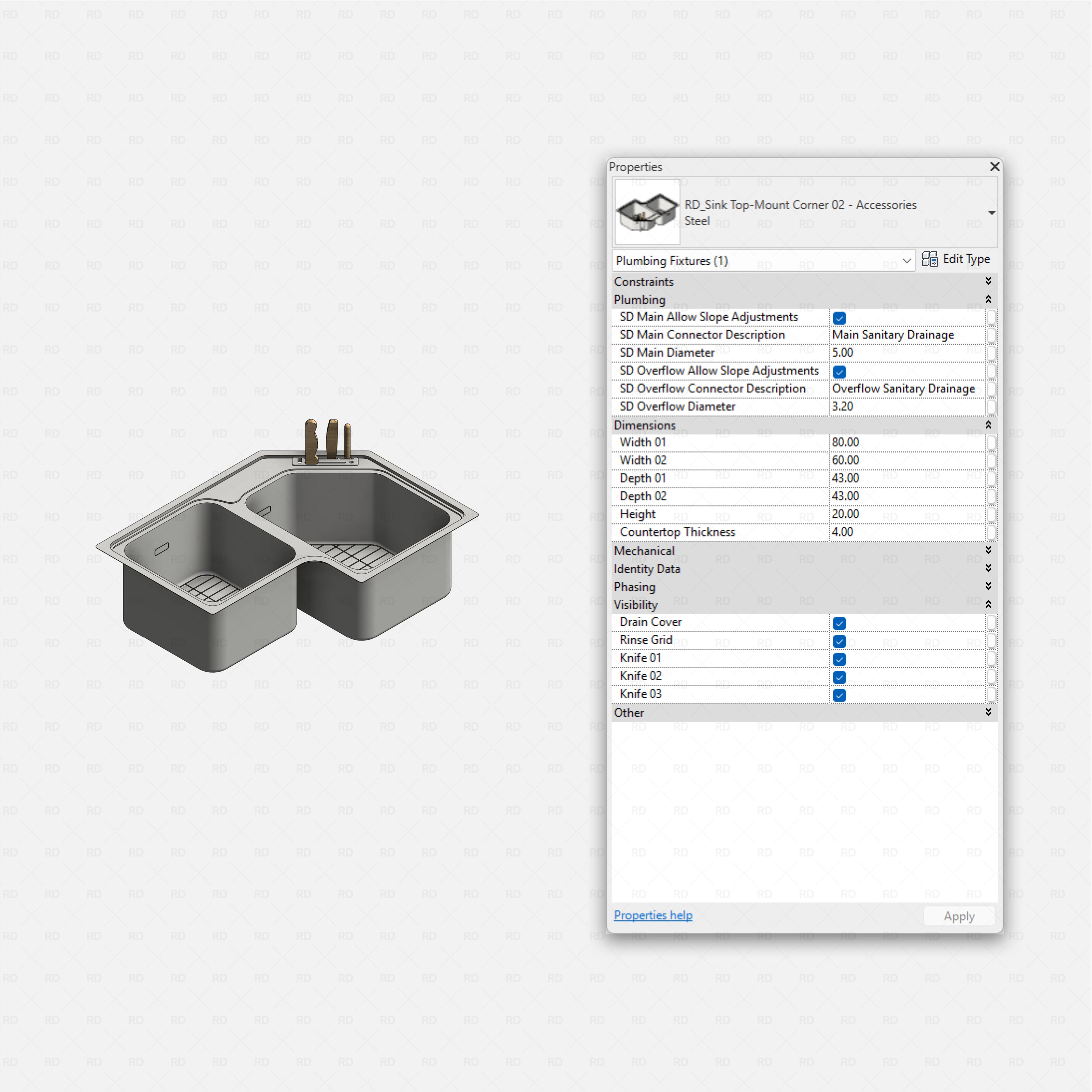 revit kitchen sink with accessories RD Studio BIM blocks rfa, top-mount corner double bowls with rinse grids