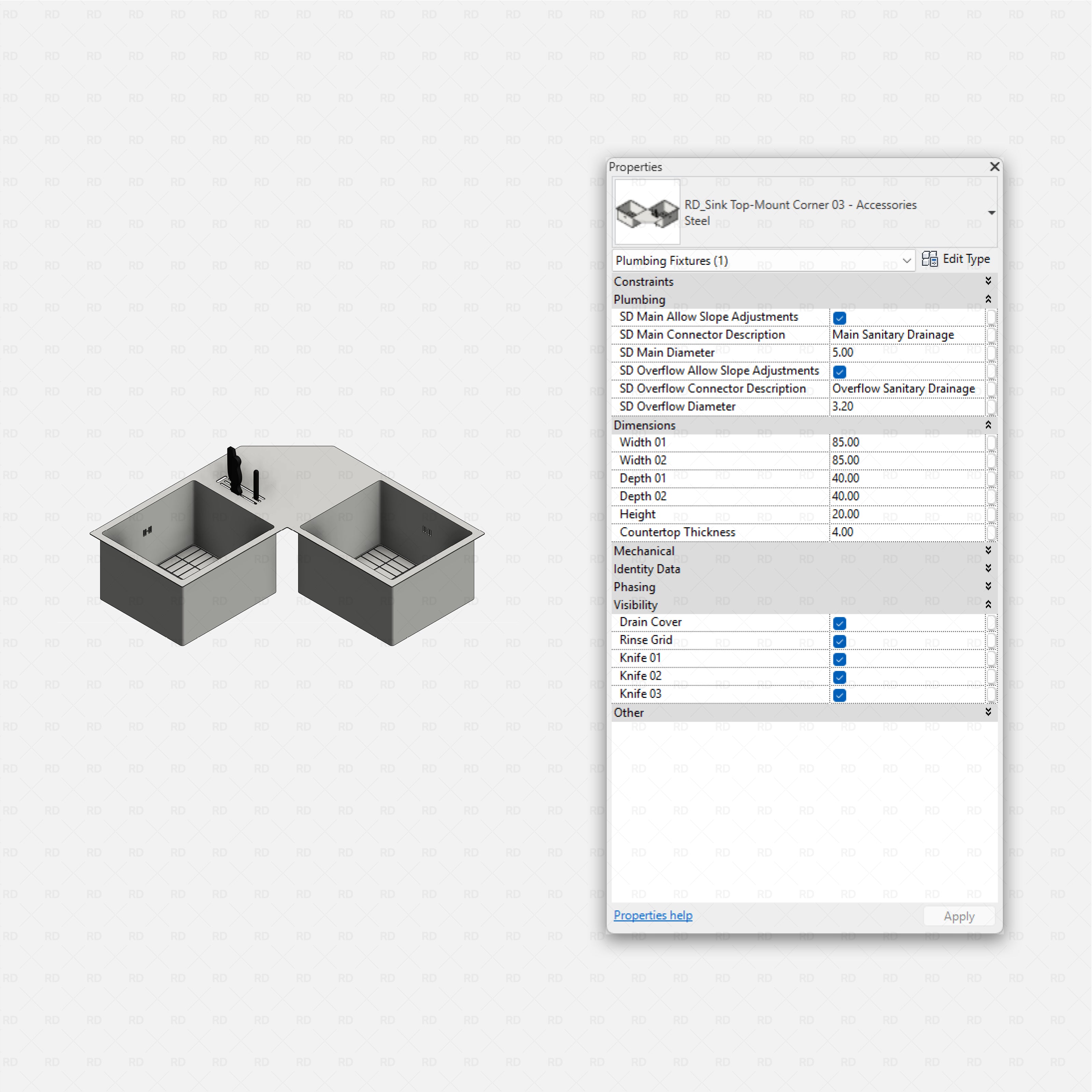 revit kitchen sink with accessories RD Studio BIM blocks rfa, top-mount L-corner twin bowls with faucet and rinse grids