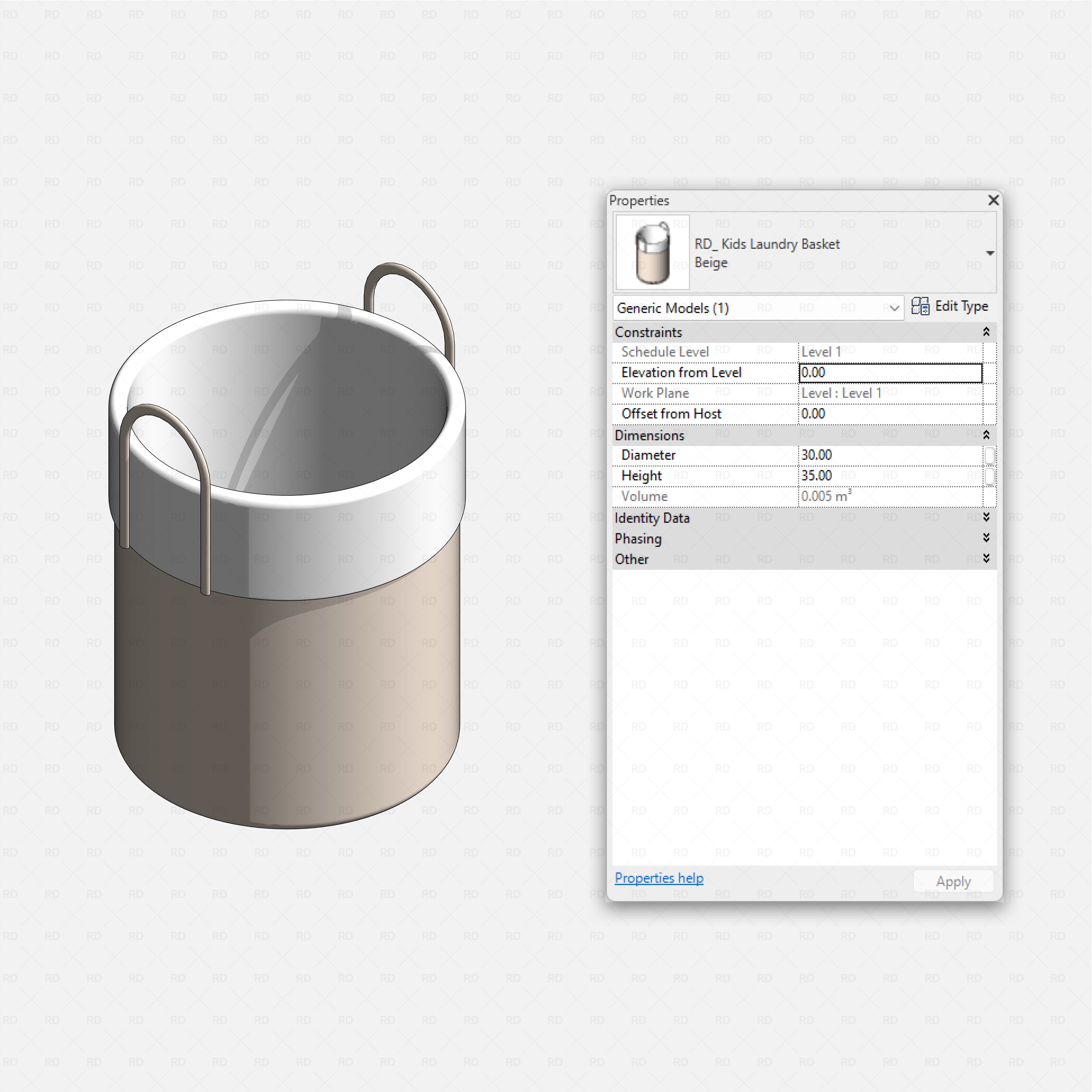 Revit kids bedroom Pack RD Studio BIM blocks rfa beige kids laundry basket with white rim and metal handles