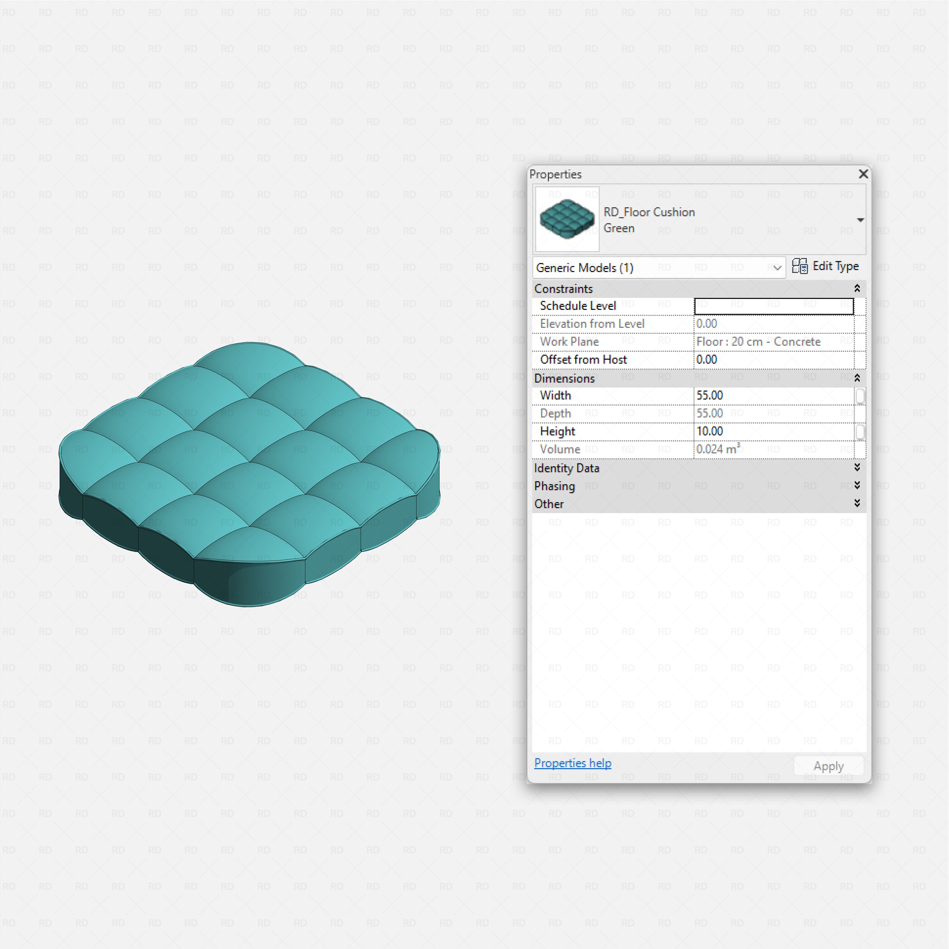 Revit kids bedroom Pack RD Studio BIM blocks rfa square tufted floor cushion mat with quilted segments
