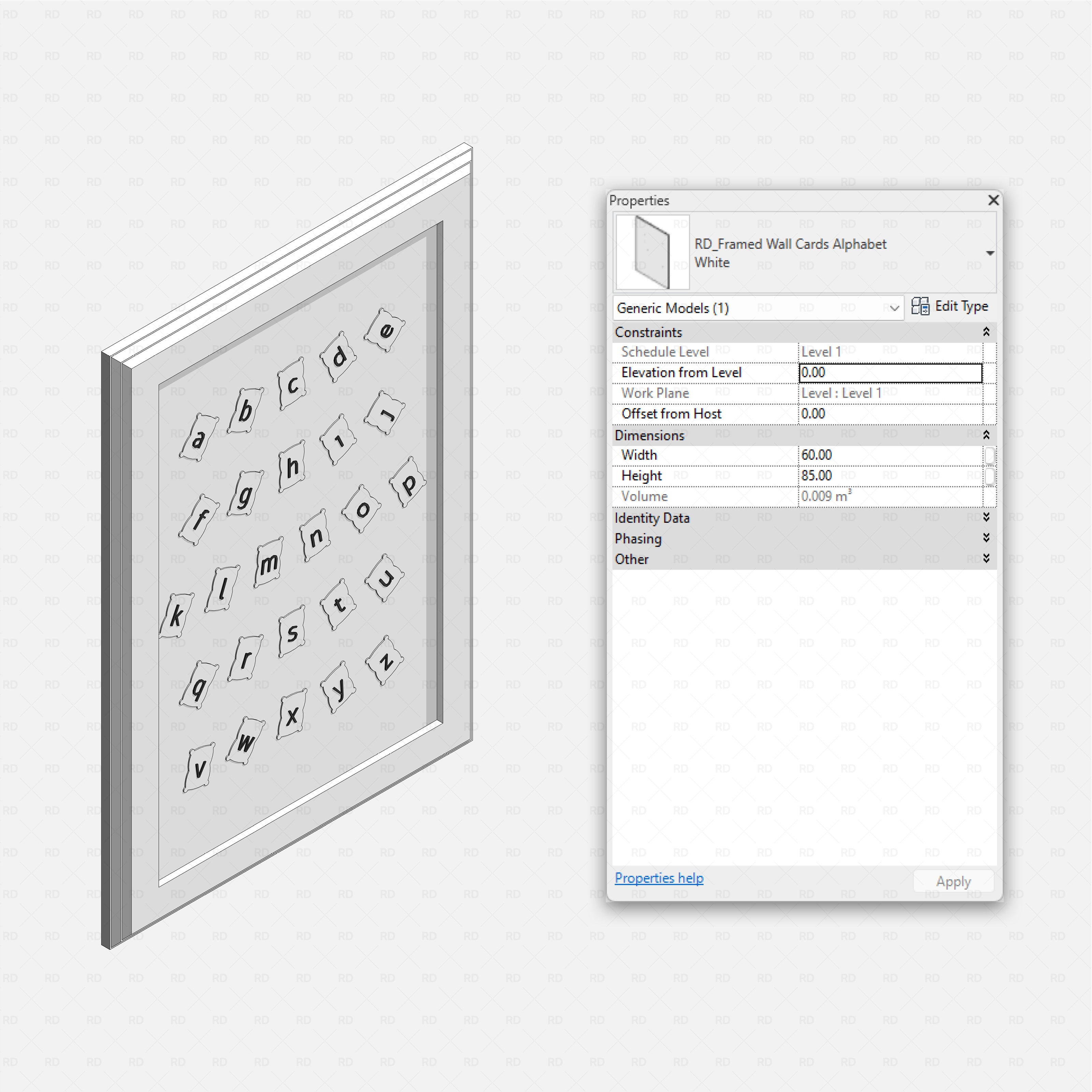 Revit kids bedroom Pack RD Studio BIM blocks rfa framed alphabet wall cards artwork with lowercase letters