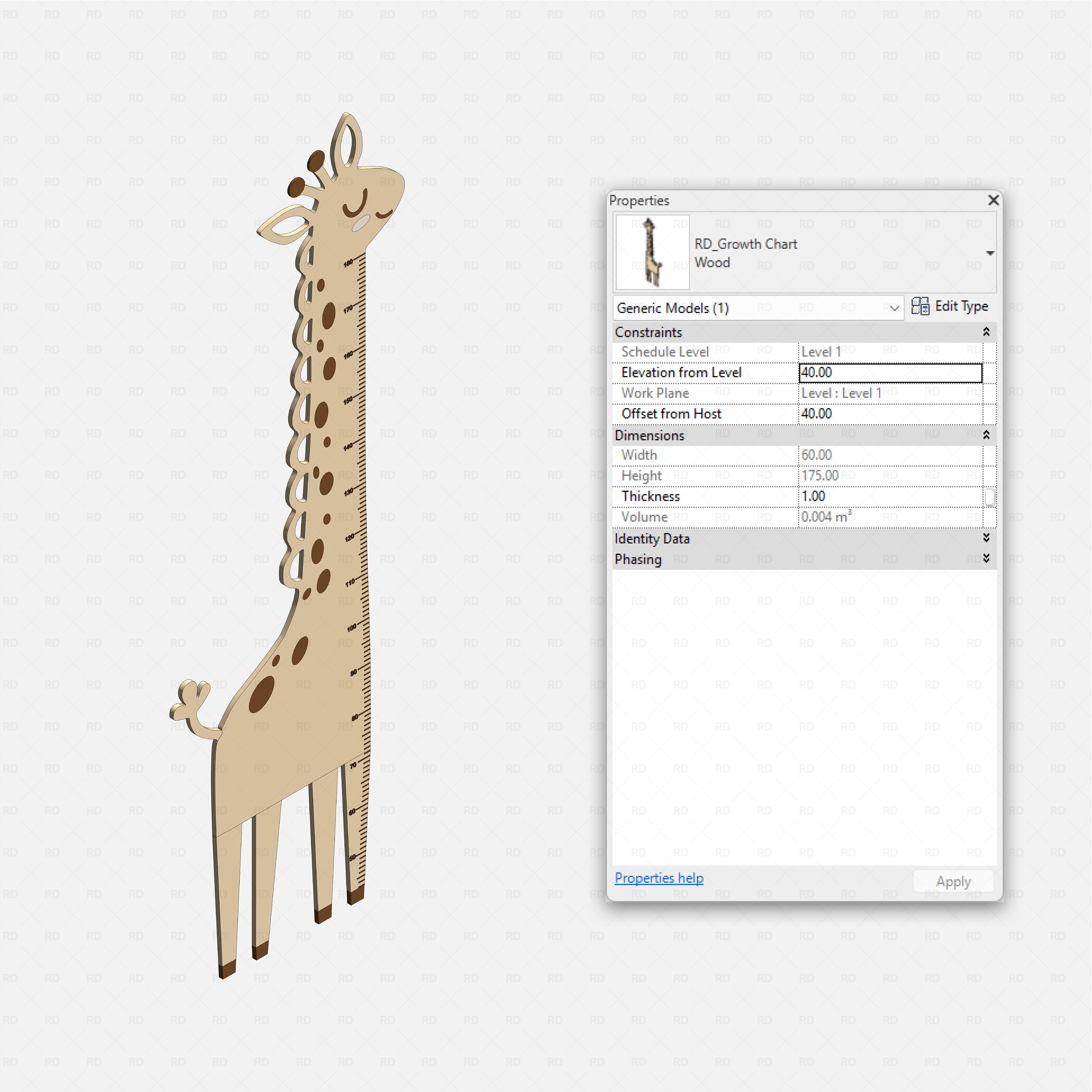 Revit kids bedroom Pack RD Studio BIM blocks rfa giraffe shaped wooden kids growth chart height ruler