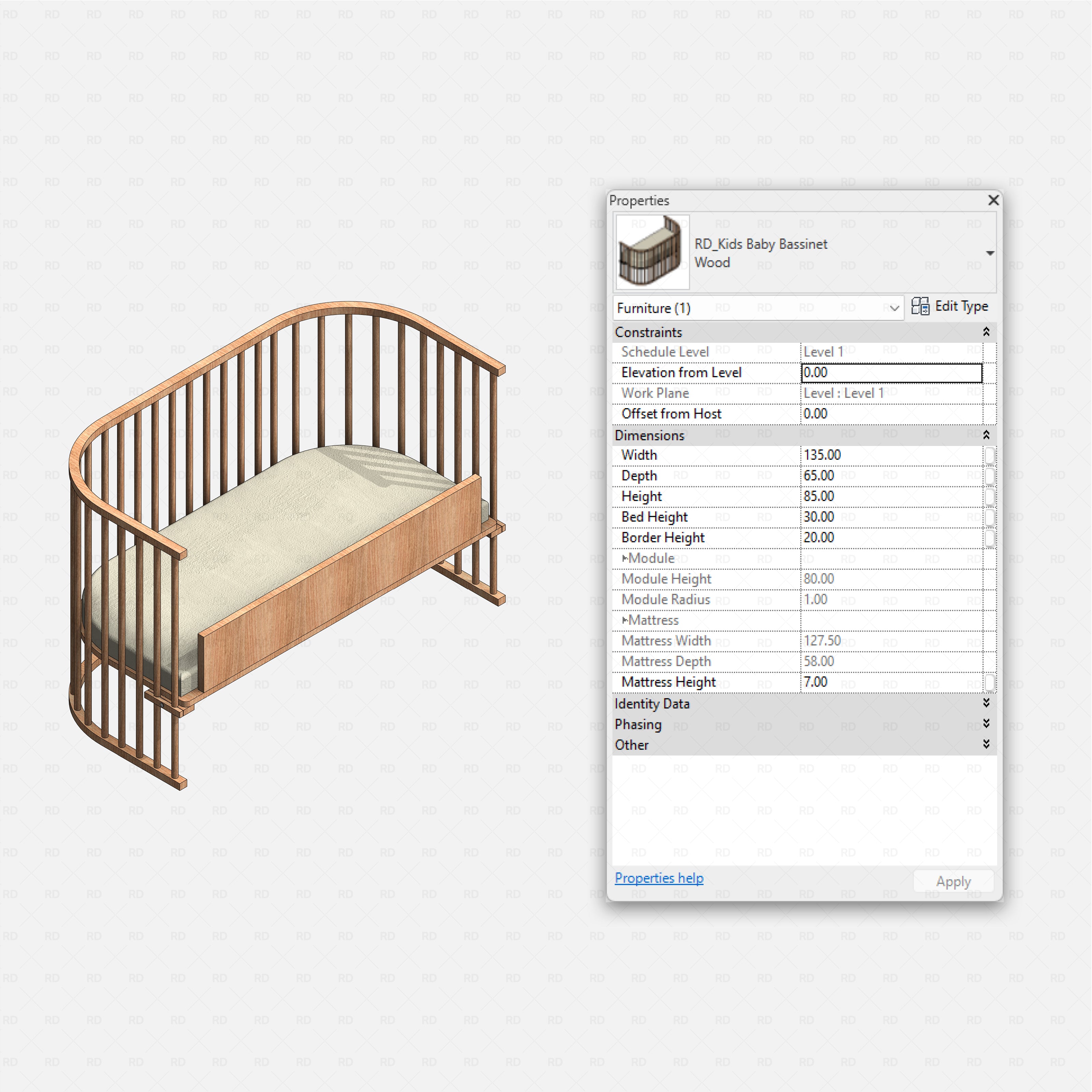 Revit kids bedroom Pack RD Studio BIM blocks rfa wooden baby bassinet crib with rounded slats and mattress