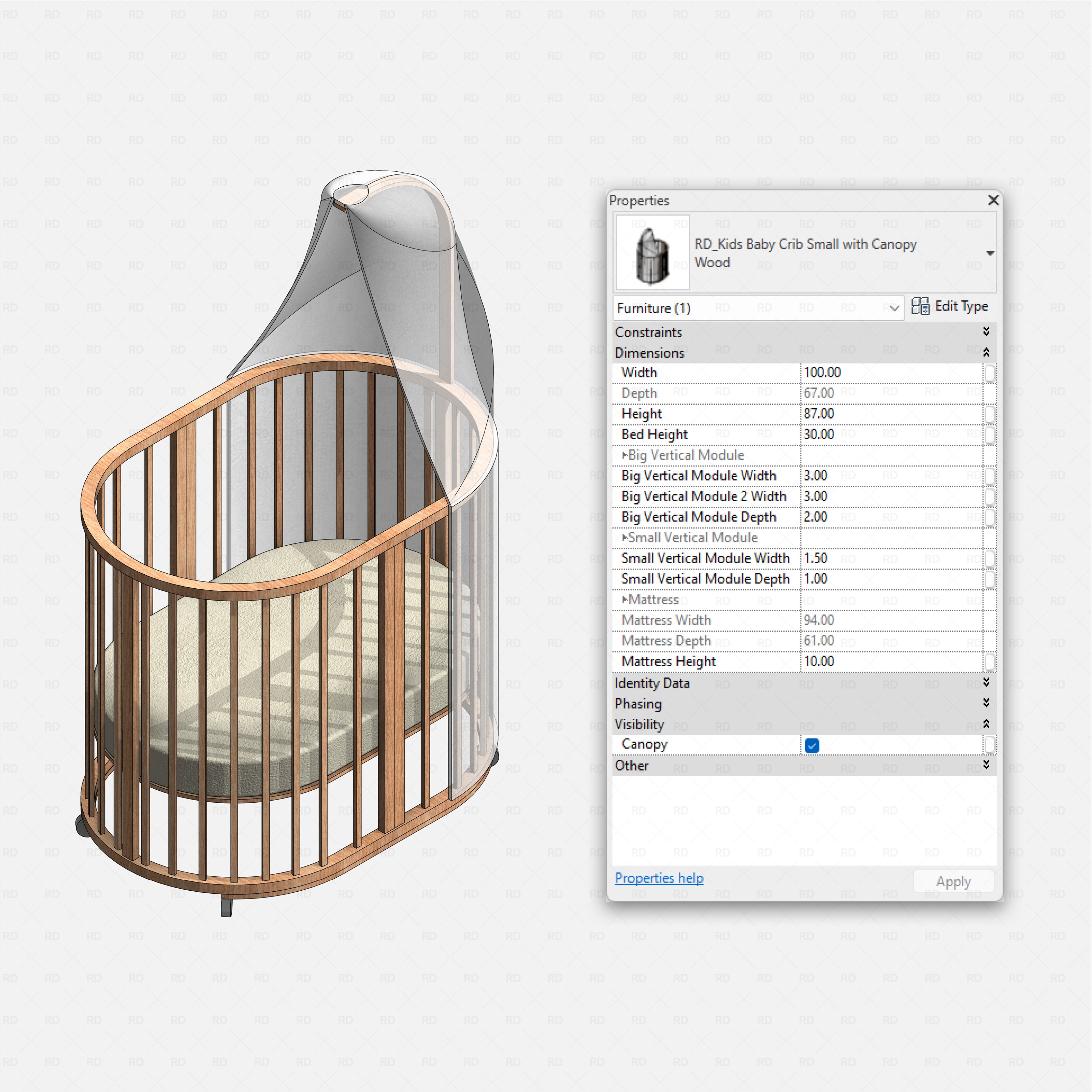 Revit kids bedroom Pack RD Studio BIM blocks rfa small wooden baby crib with mesh canopy and oval mattress