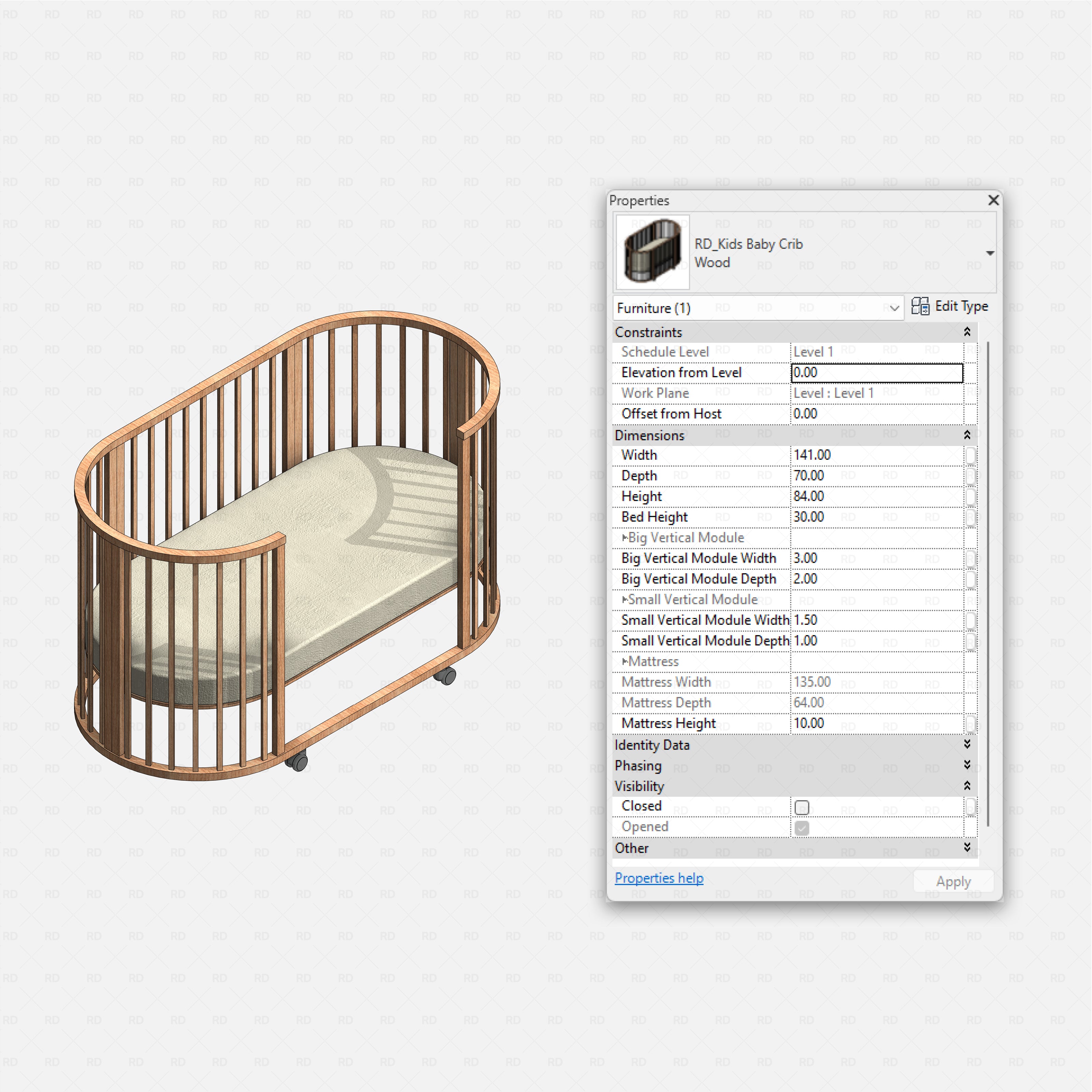 Revit kids bedroom Pack RD Studio BIM blocks rfa oval wooden baby crib on wheels with vertical slats