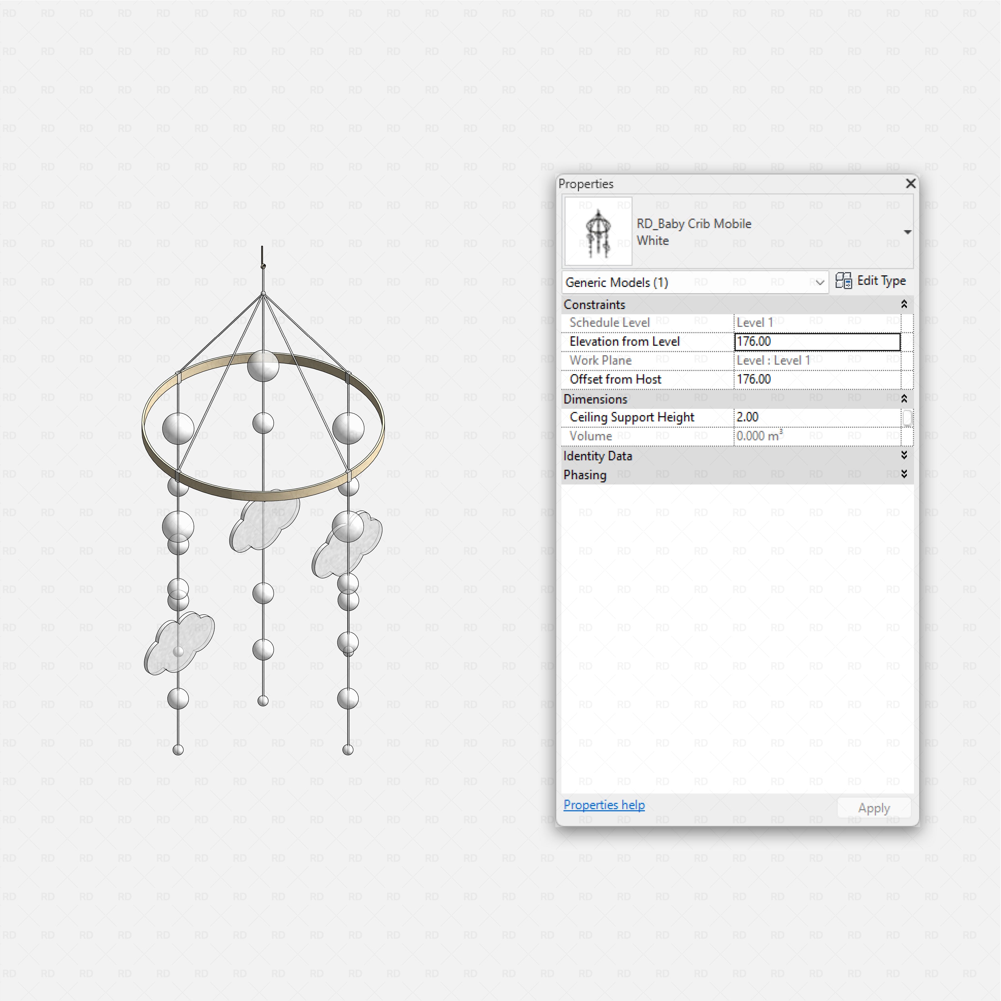 Revit kids bedroom Pack RD Studio BIM blocks rfa ceiling baby crib mobile with clouds and beads on round frame