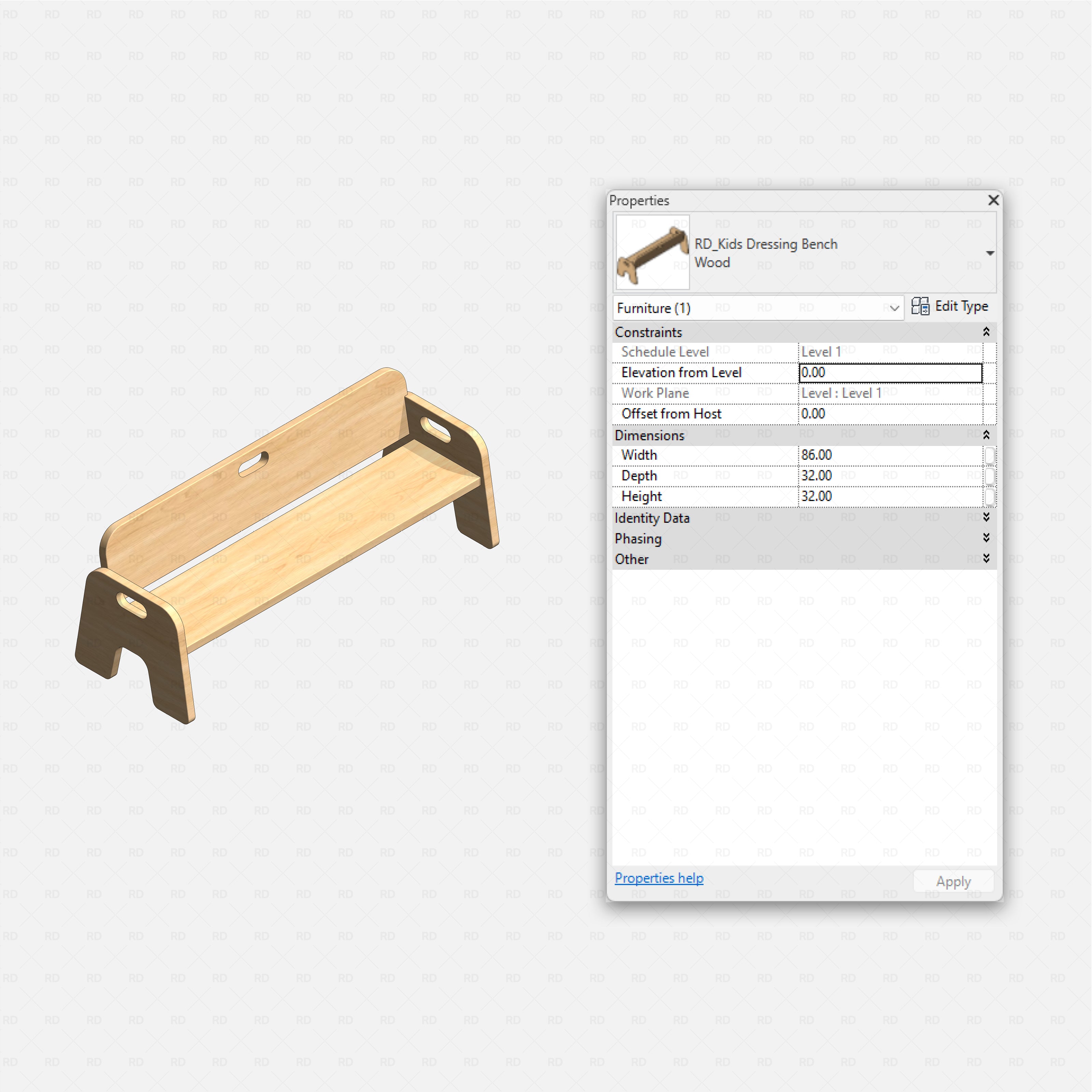 Revit kids bedroom Pack RD Studio BIM blocks rfa low wooden kids dressing bench with backrest and cutout handles