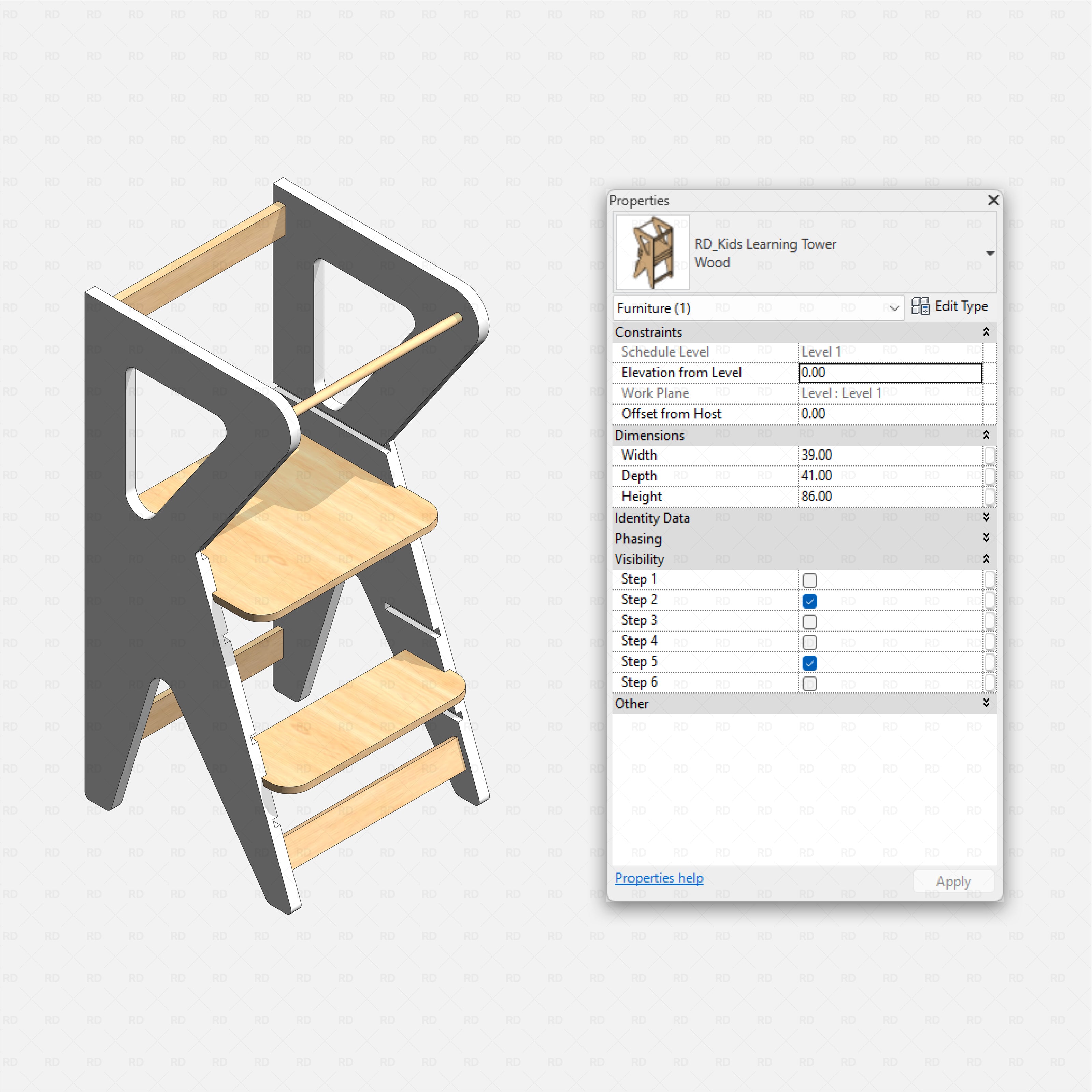 Revit kids bedroom Pack RD Studio BIM blocks rfa kids learning tower wood step platform with safety rails