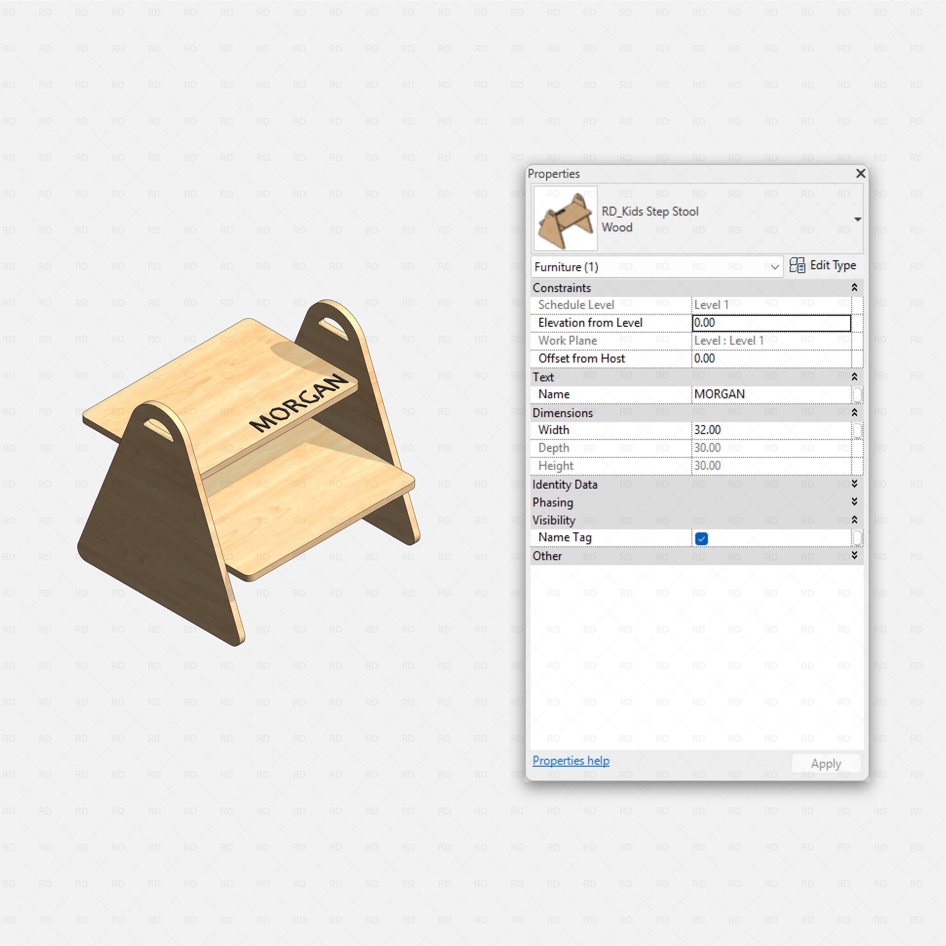 Revit kids bedroom Pack RD Studio BIM blocks rfa small wooden kids step stool with name tag on top step