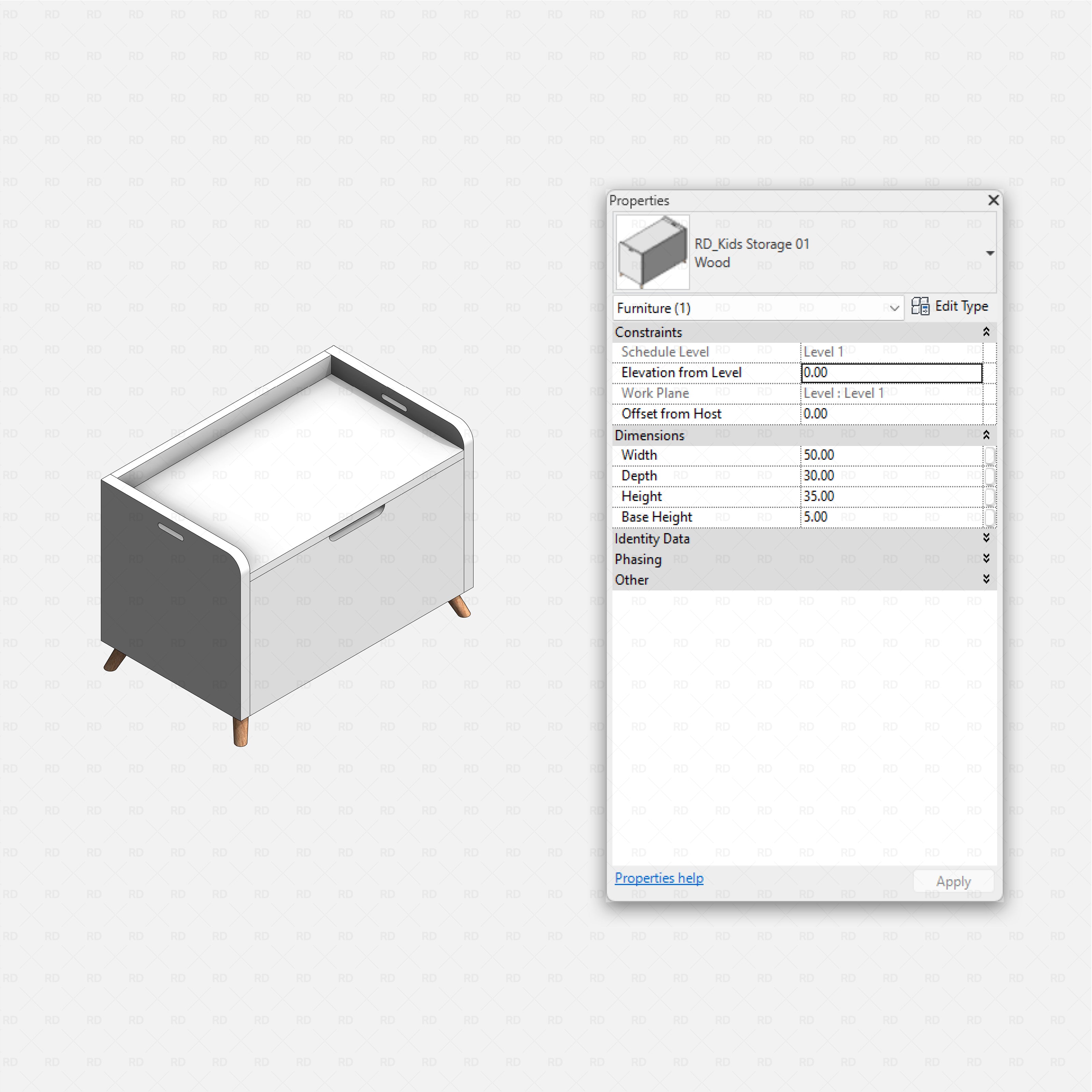 Revit kids bedroom Pack RD Studio BIM blocks rfa kids storage chest with hinged lid and short wooden legs