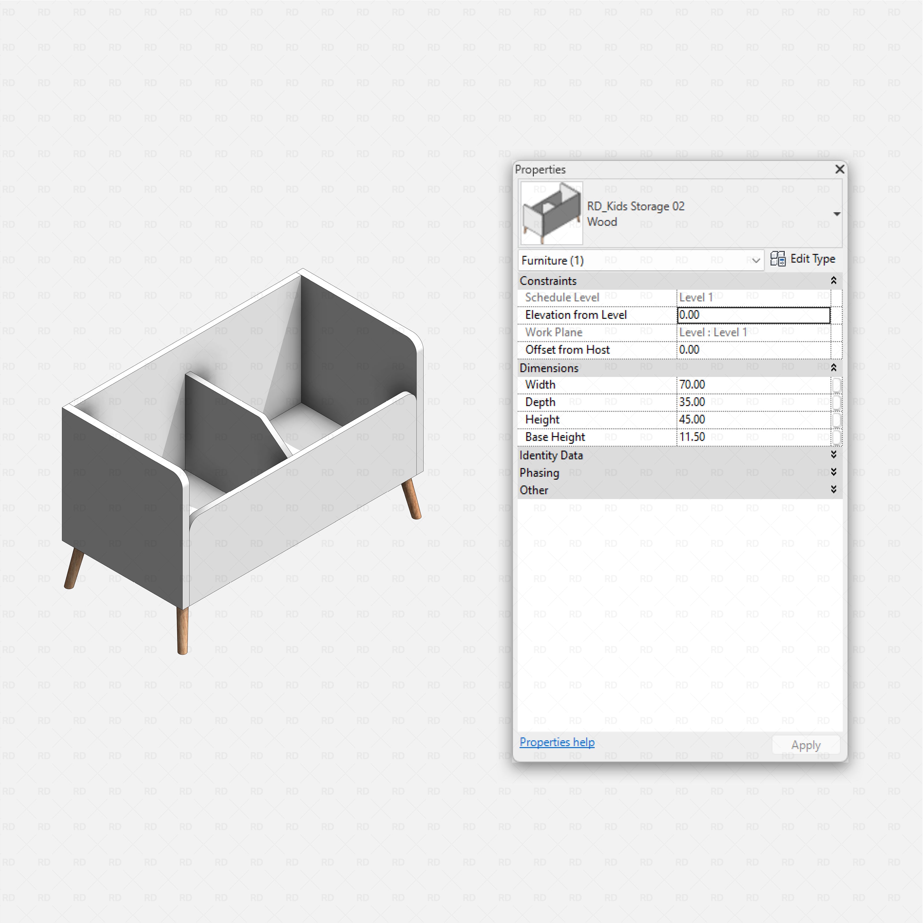 Revit kids bedroom Pack RD Studio BIM blocks rfa low kids storage unit with two open compartments on legs