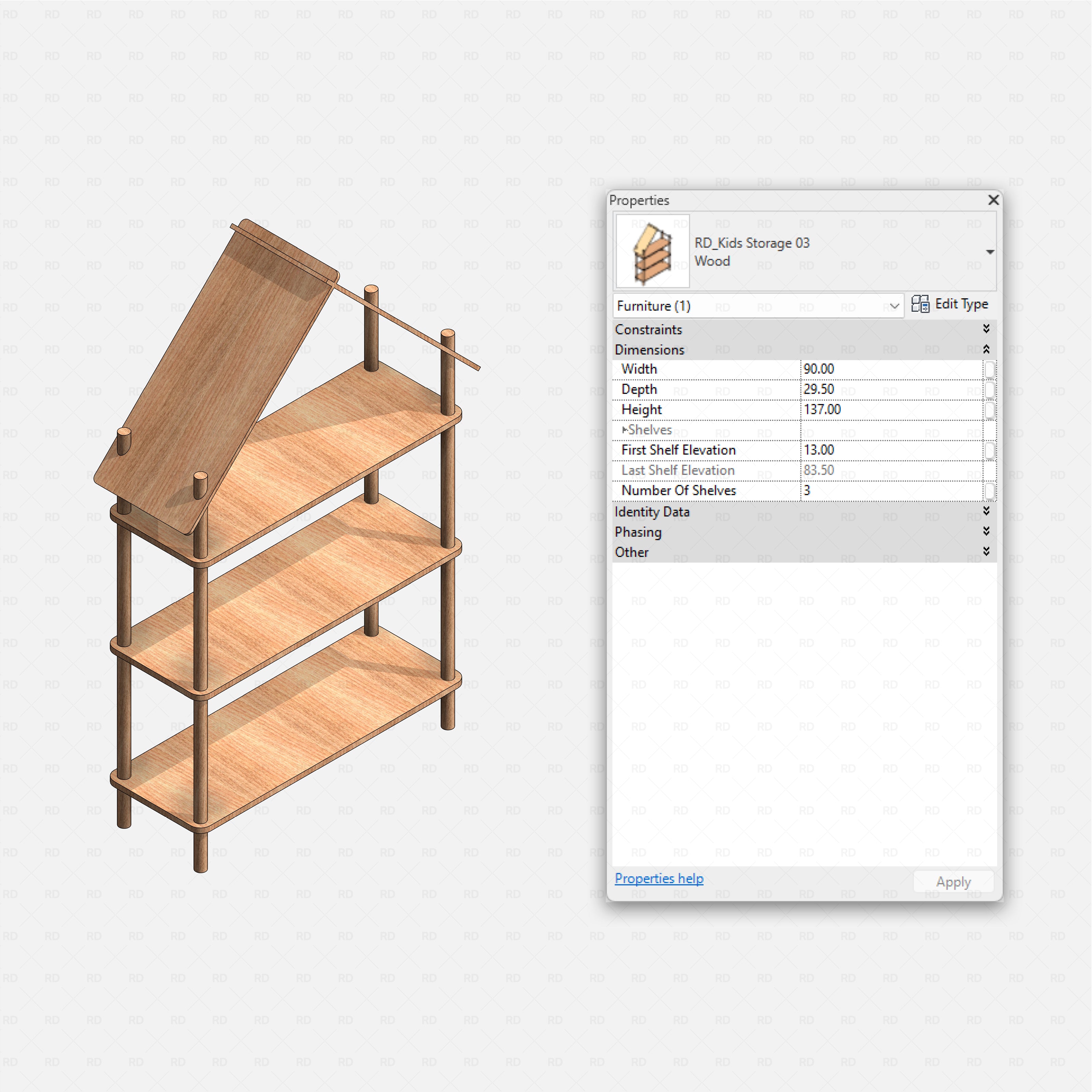Revit kids bedroom Pack RD Studio BIM blocks rfa tall house shaped kids shelving unit with three wooden shelves