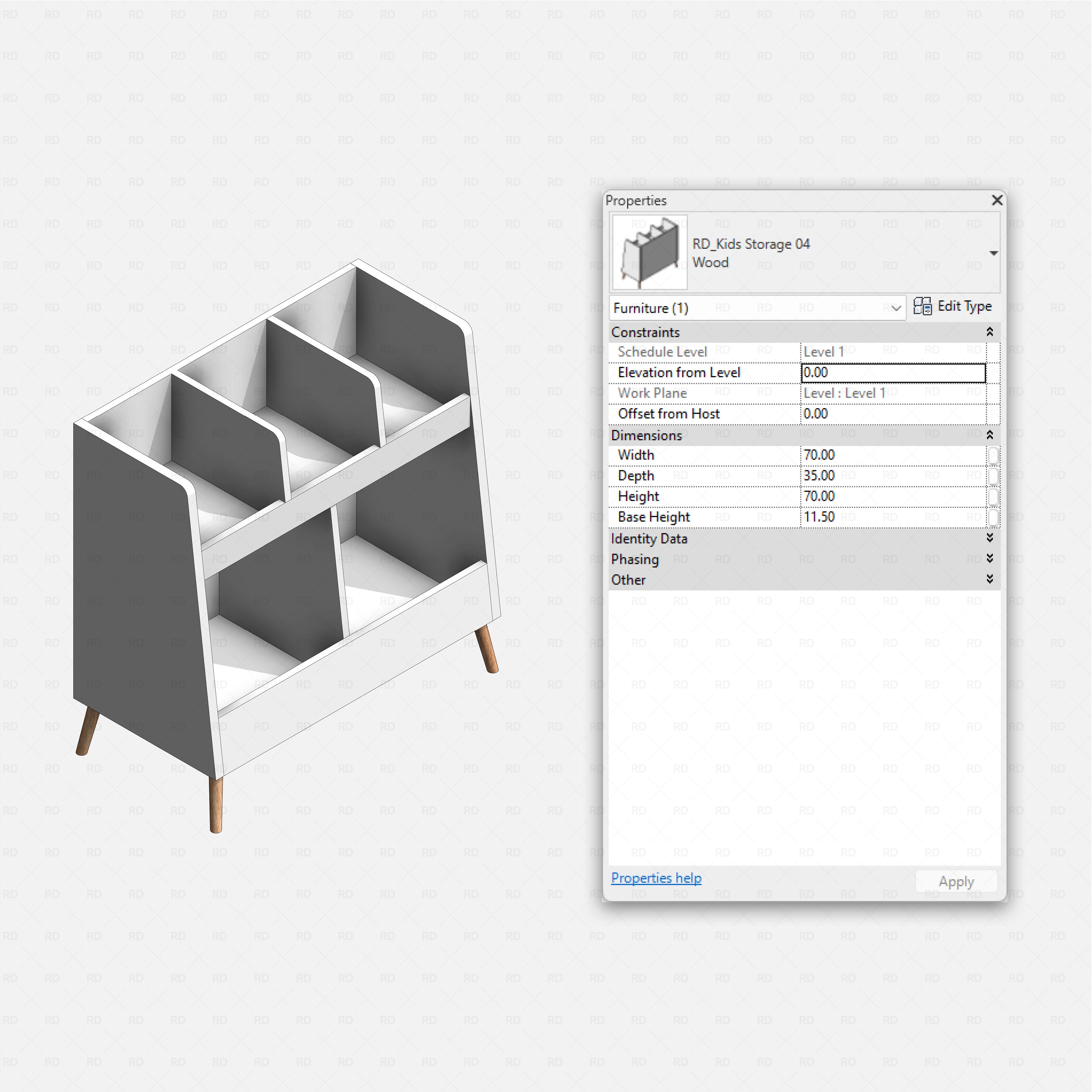 Revit kids bedroom Pack RD Studio BIM blocks rfa kids storage shelf with four cubbies and angled dividers
