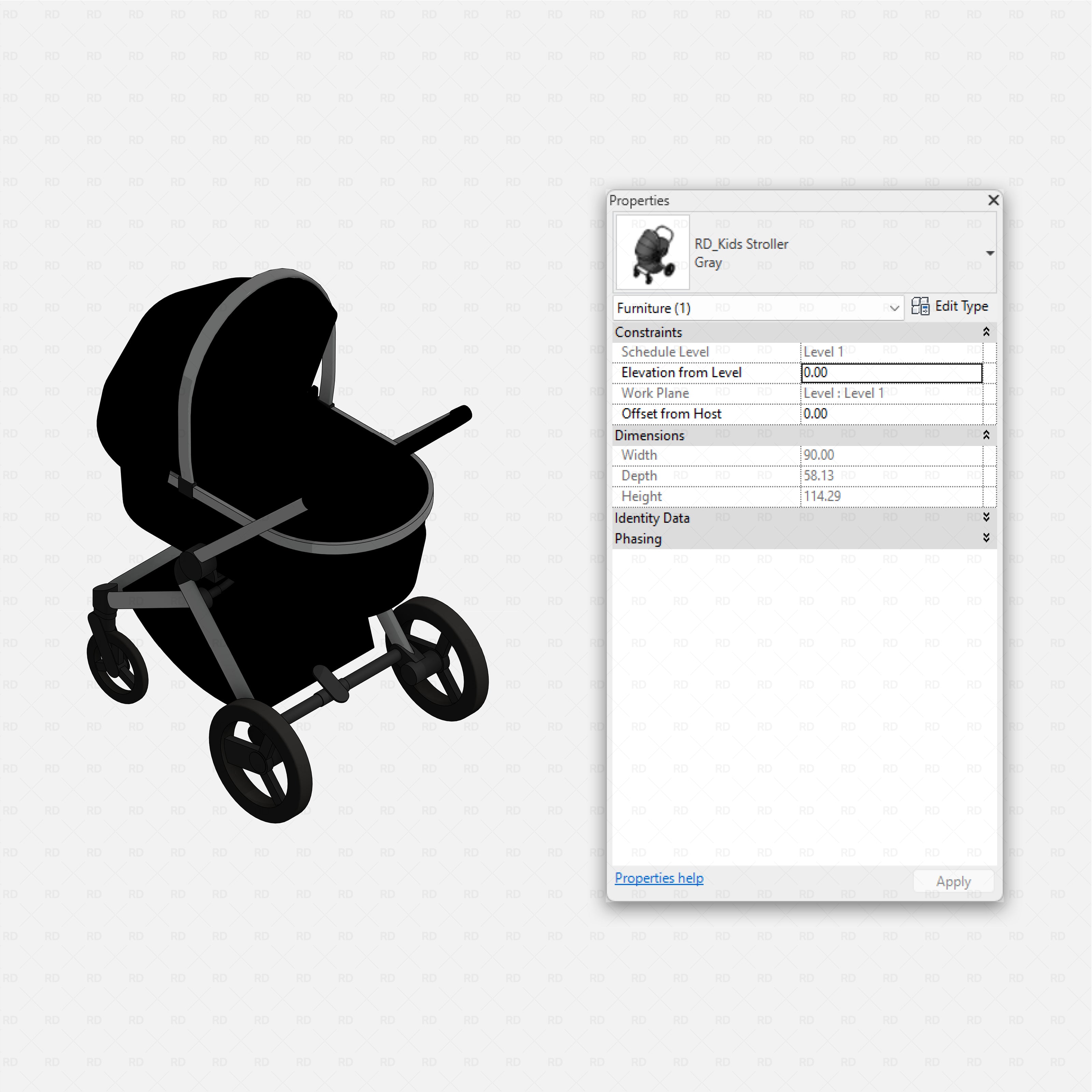 Revit kids bedroom Pack RD Studio BIM blocks rfa modern baby stroller with large wheels and deep bassinet