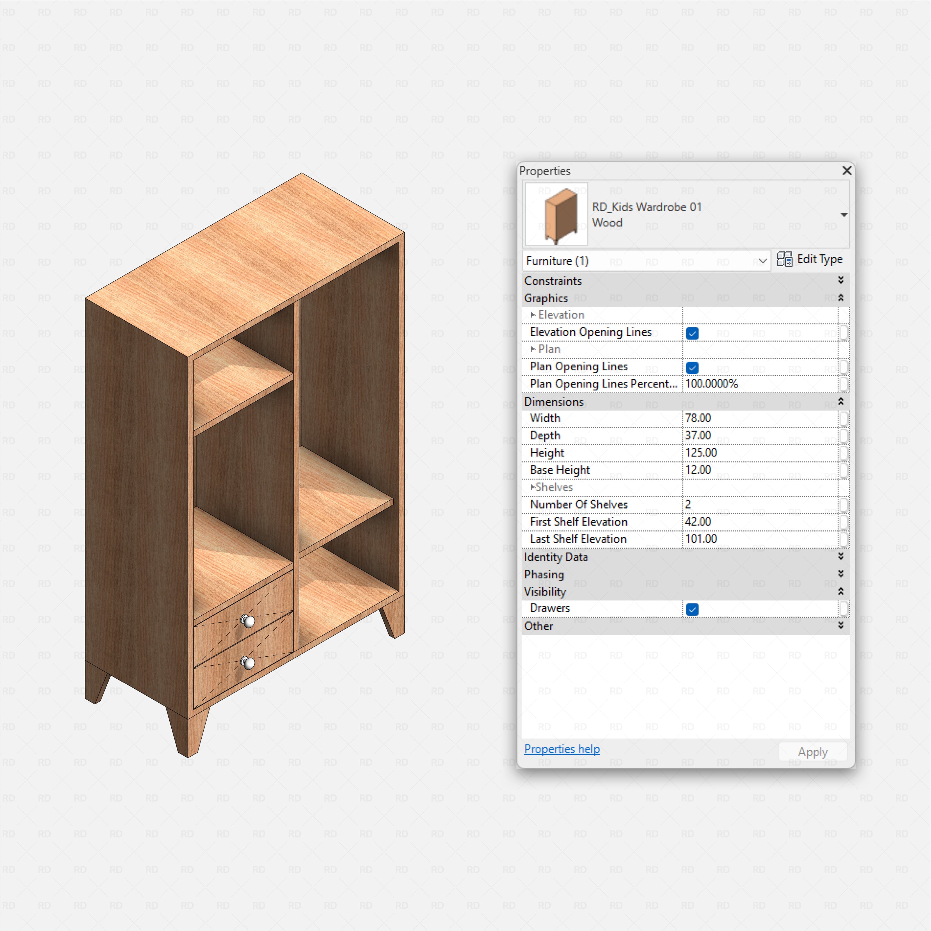 Revit kids bedroom Pack RD Studio BIM blocks rfa tall kids wardrobe cabinet with open shelves and two drawers