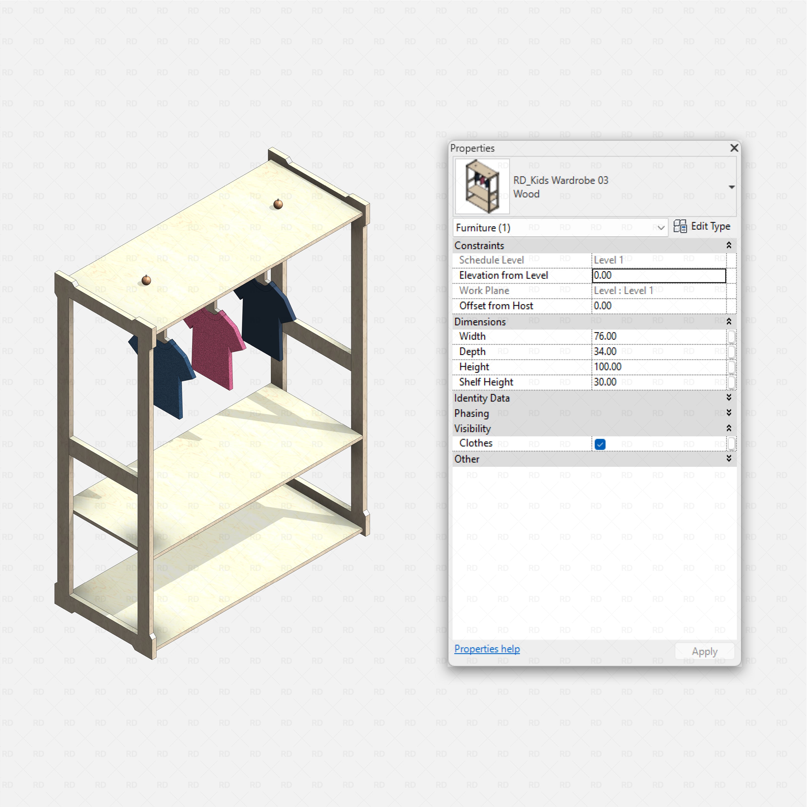 Revit kids bedroom Pack RD Studio BIM blocks rfa kids open wardrobe shelves with hanging clothes