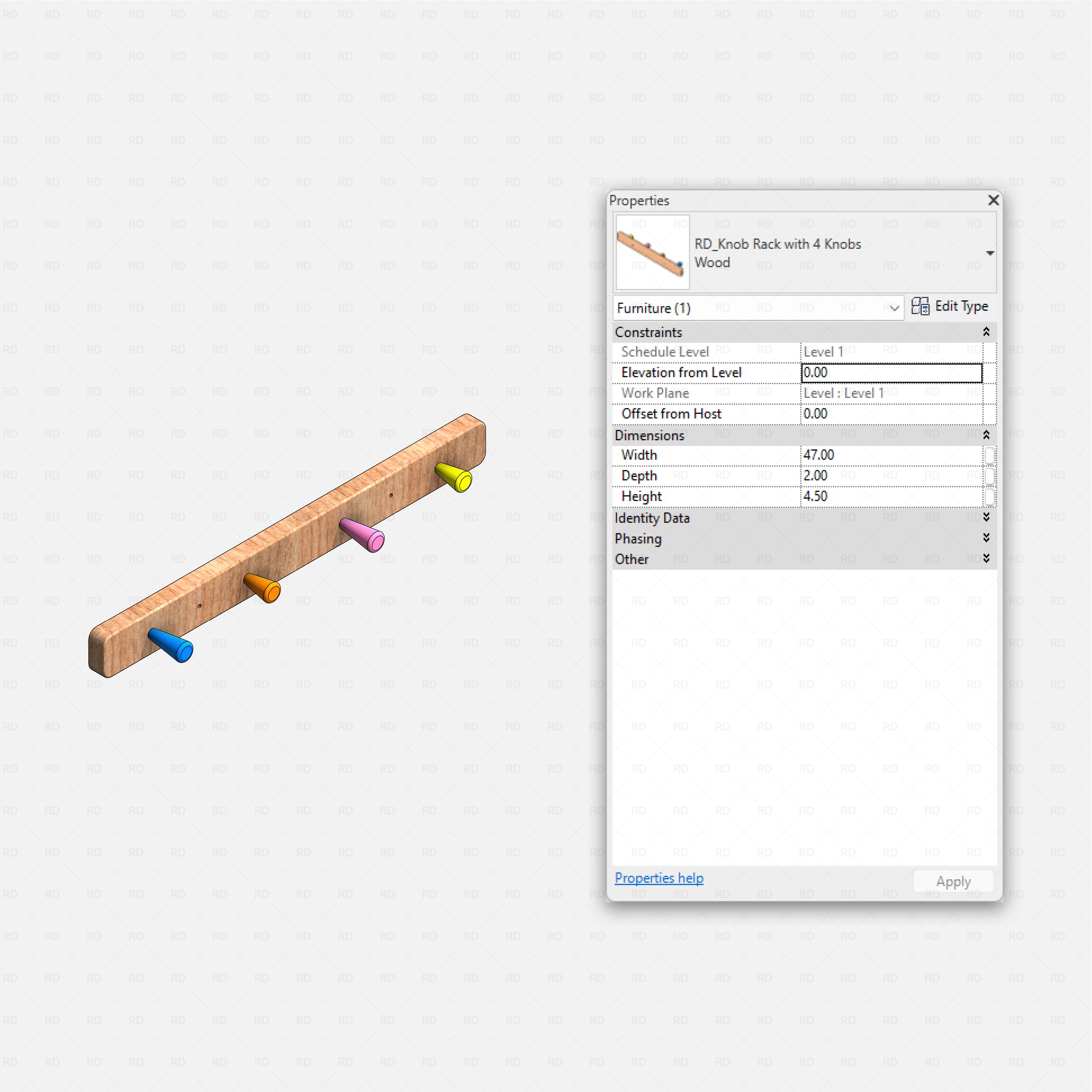 Revit kids bedroom Pack RD Studio BIM blocks rfa wooden wall knob rack with four colored pegs
