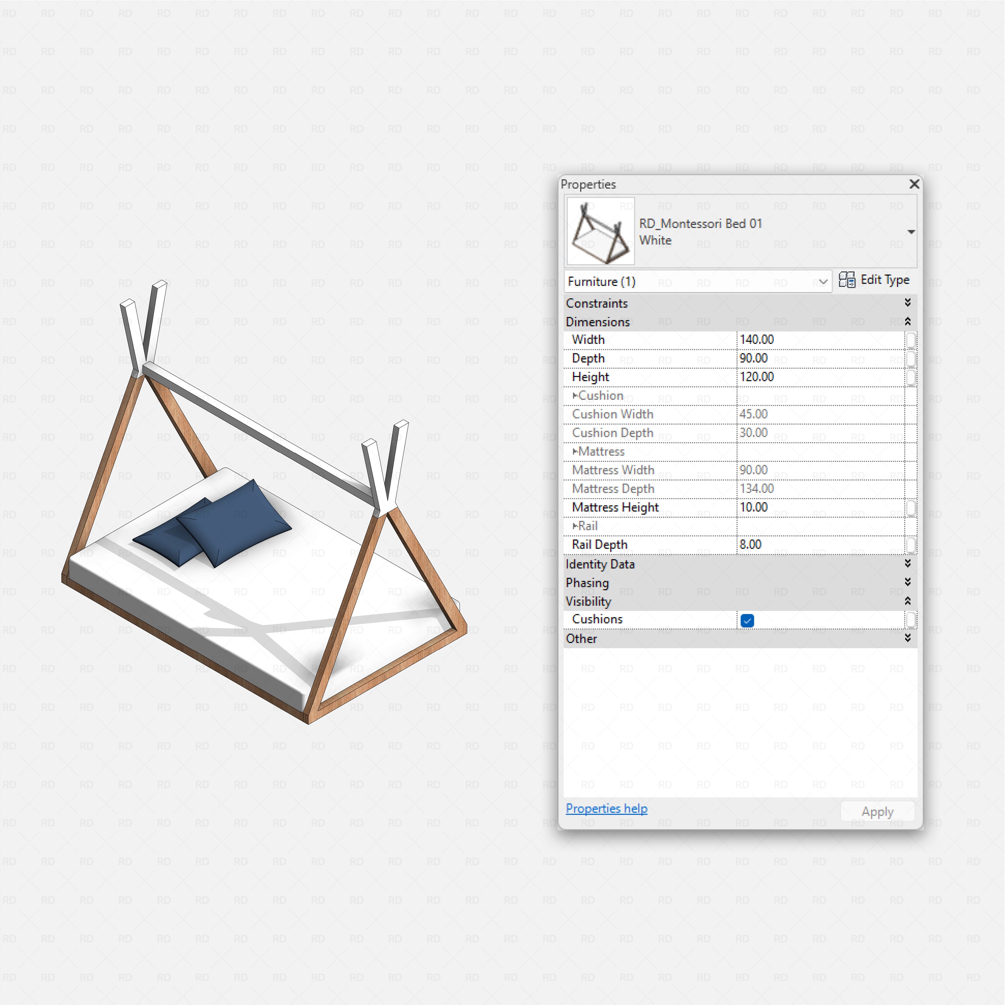 Revit kids bedroom Pack RD Studio BIM blocks rfa Montessori teepee bed with mattress and pillows
