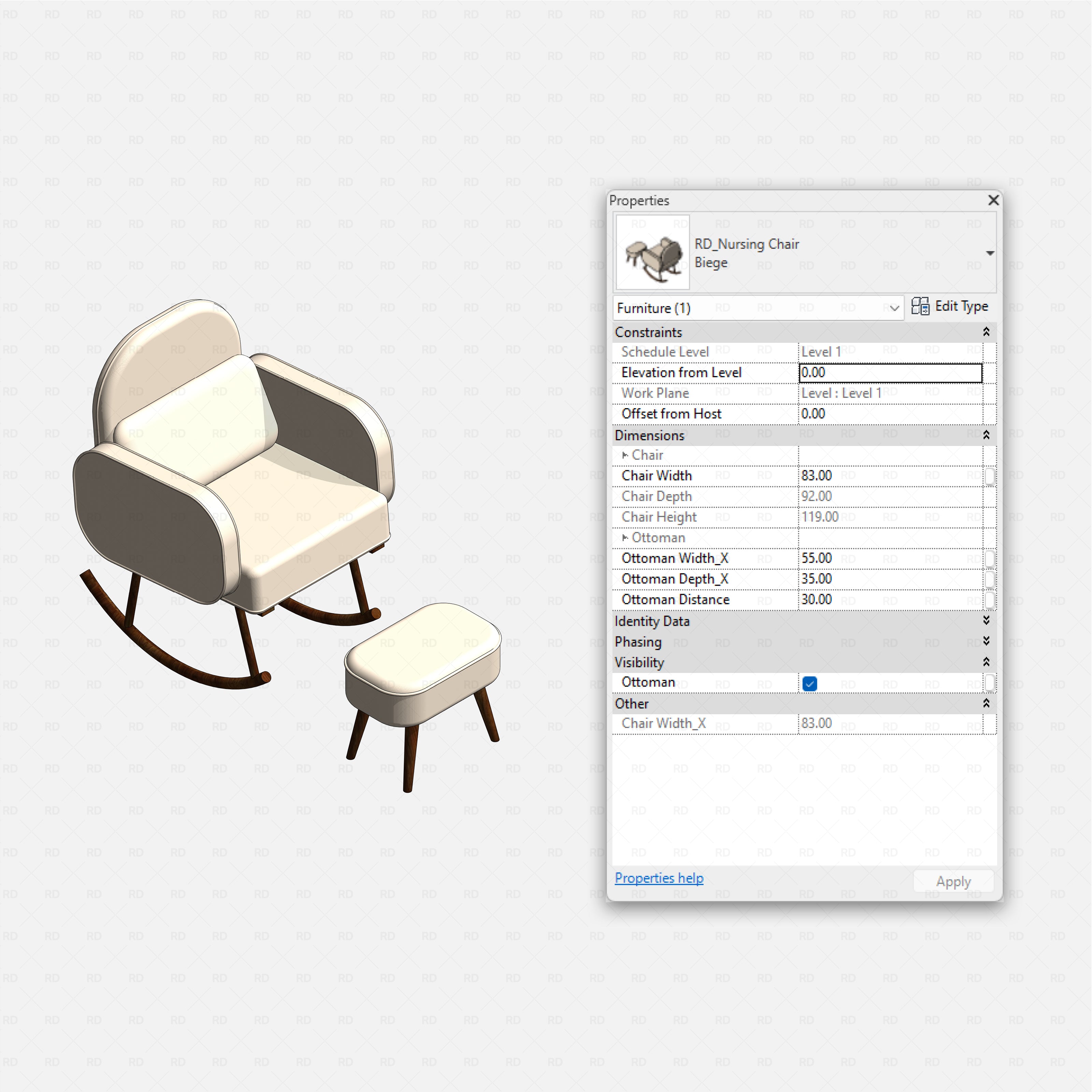 Revit kids bedroom Pack RD Studio BIM blocks rfa nursing rocking chair with ottoman for baby room