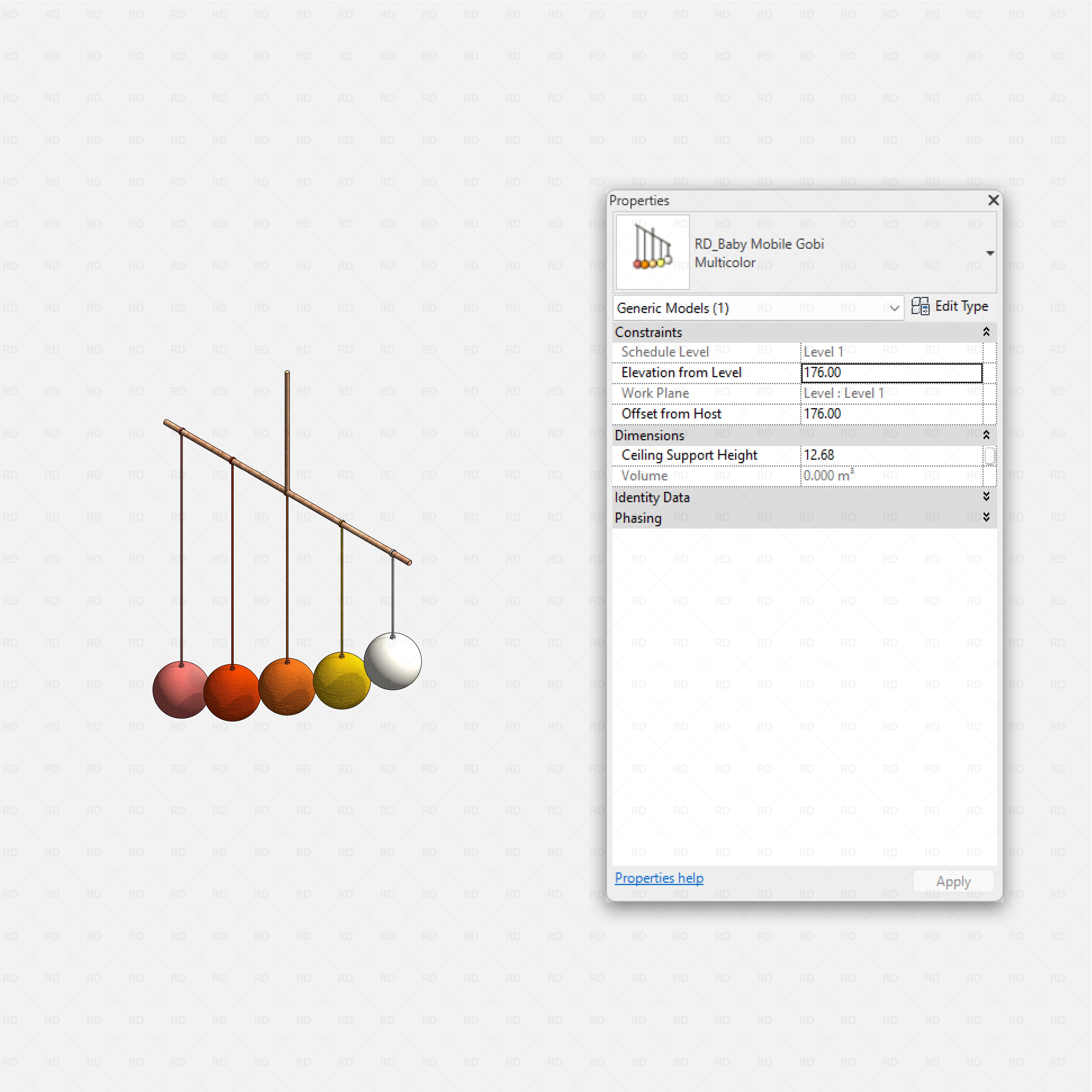 Revit kids bedroom Pack RD Studio BIM blocks rfa Gobi baby mobile with five colored spheres on slim bar