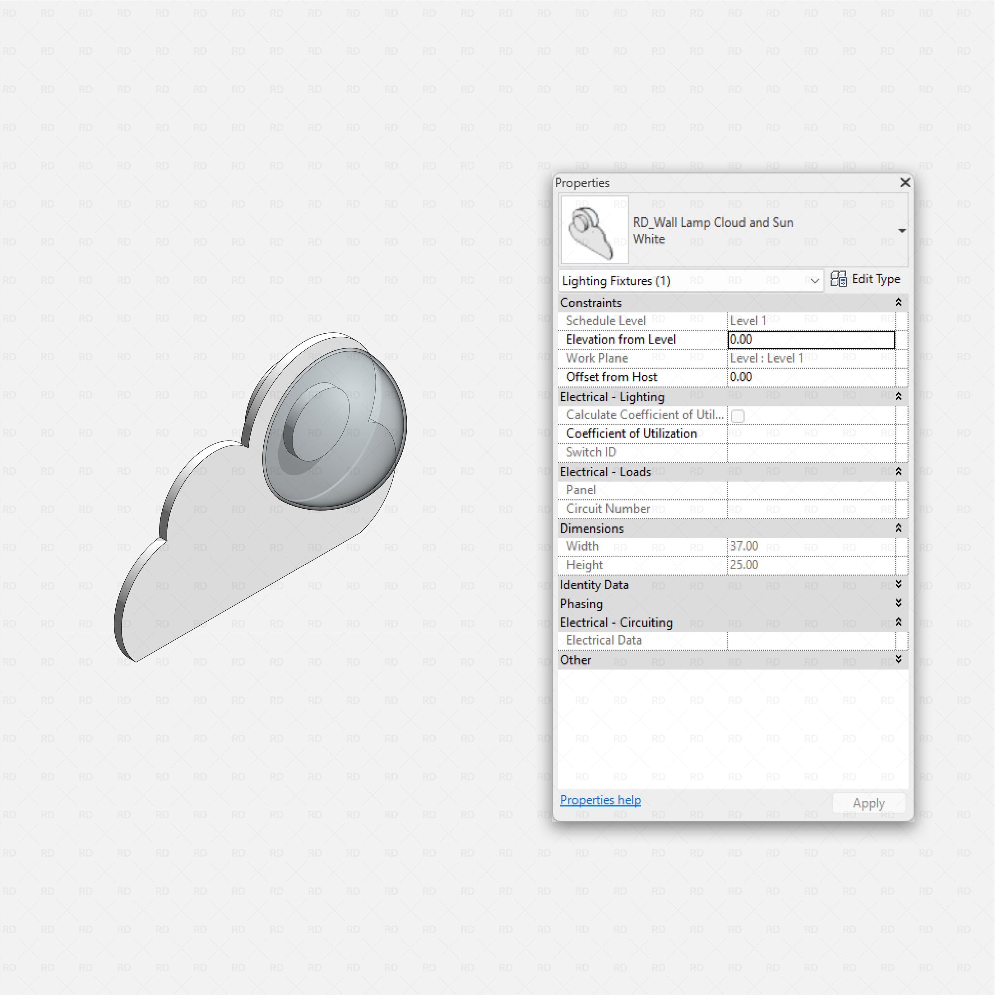 Revit kids bedroom Pack RD Studio BIM blocks rfa wall lamp shaped like cloud with circular sun detail for kids room lighting