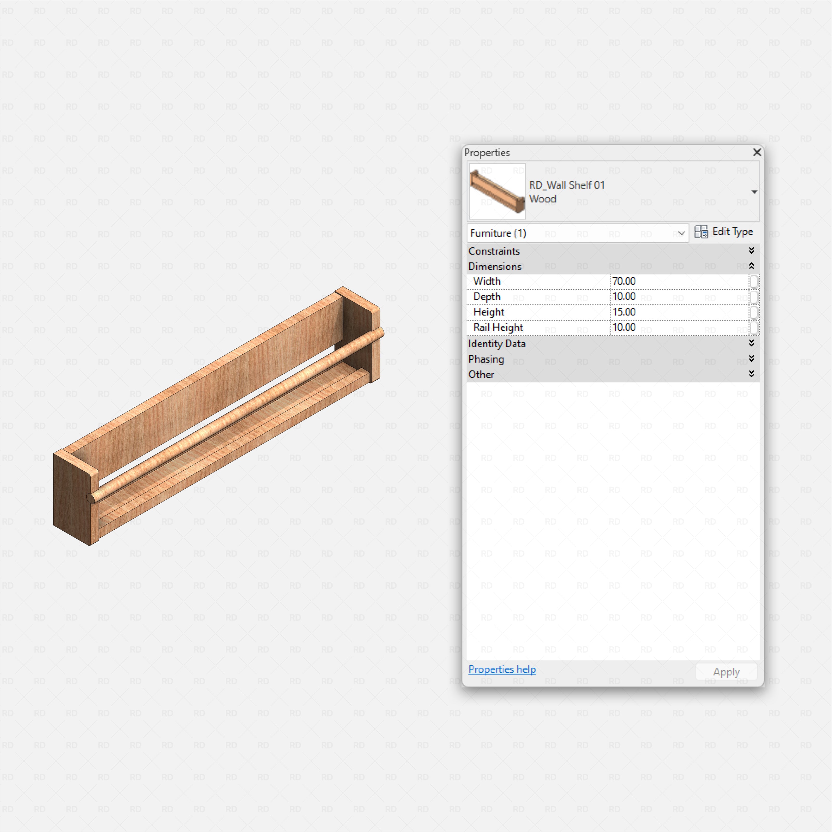 Revit kids bedroom Pack RD Studio BIM blocks rfa narrow wall bookshelf with rail for front facing kids books display
