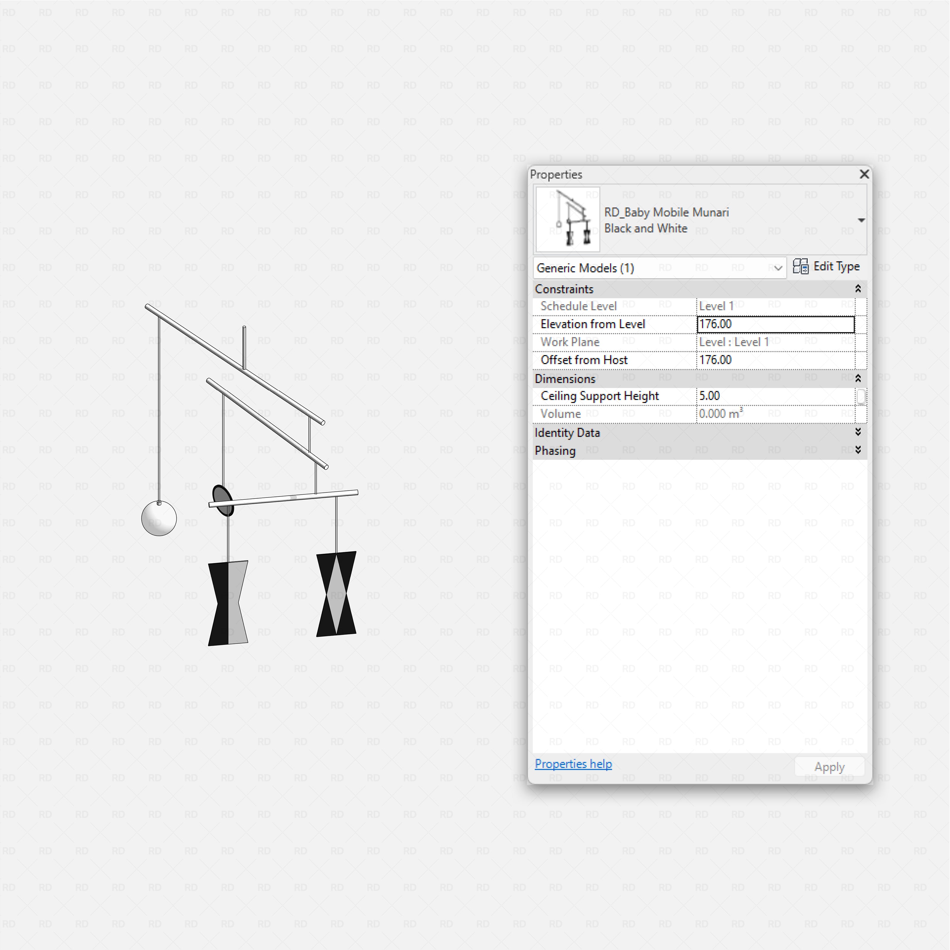 Revit kids bedroom Pack RD Studio BIM blocks rfa Munari baby mobile with black and white geometric shapes