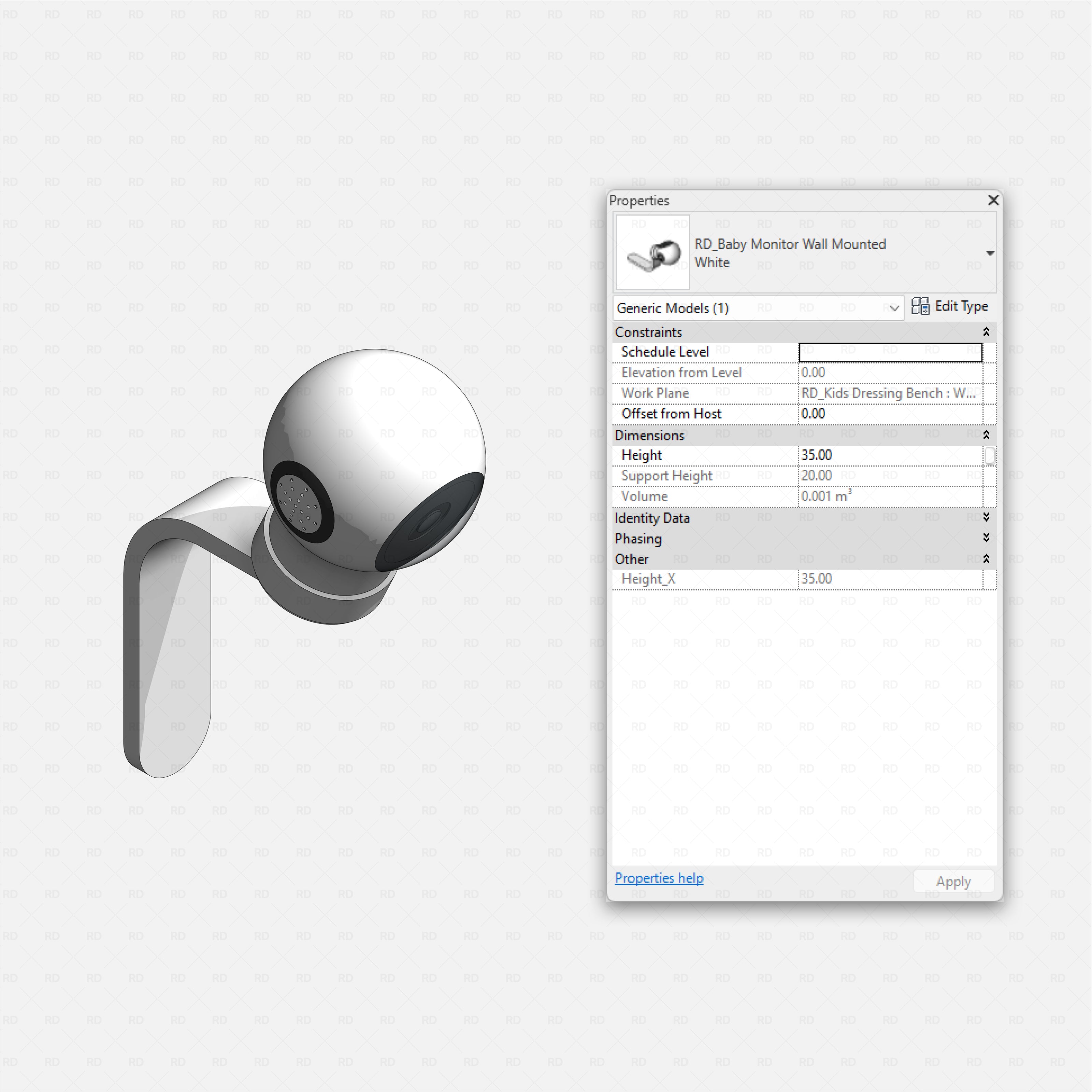 Revit kids bedroom Pack RD Studio BIM blocks rfa wall mounted baby monitor camera with curved support arm