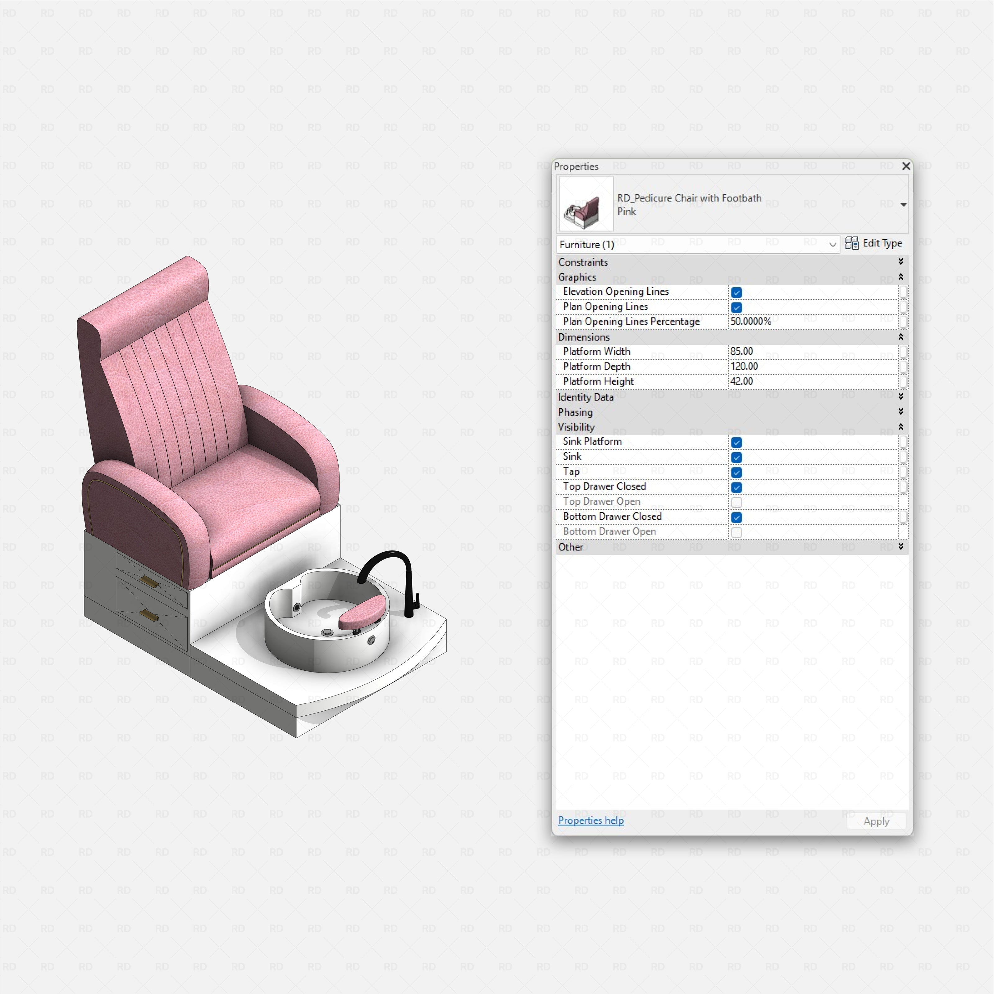 Revit nail studio Pack RD Studio BIM blocks rfa pedicure chair with footbath