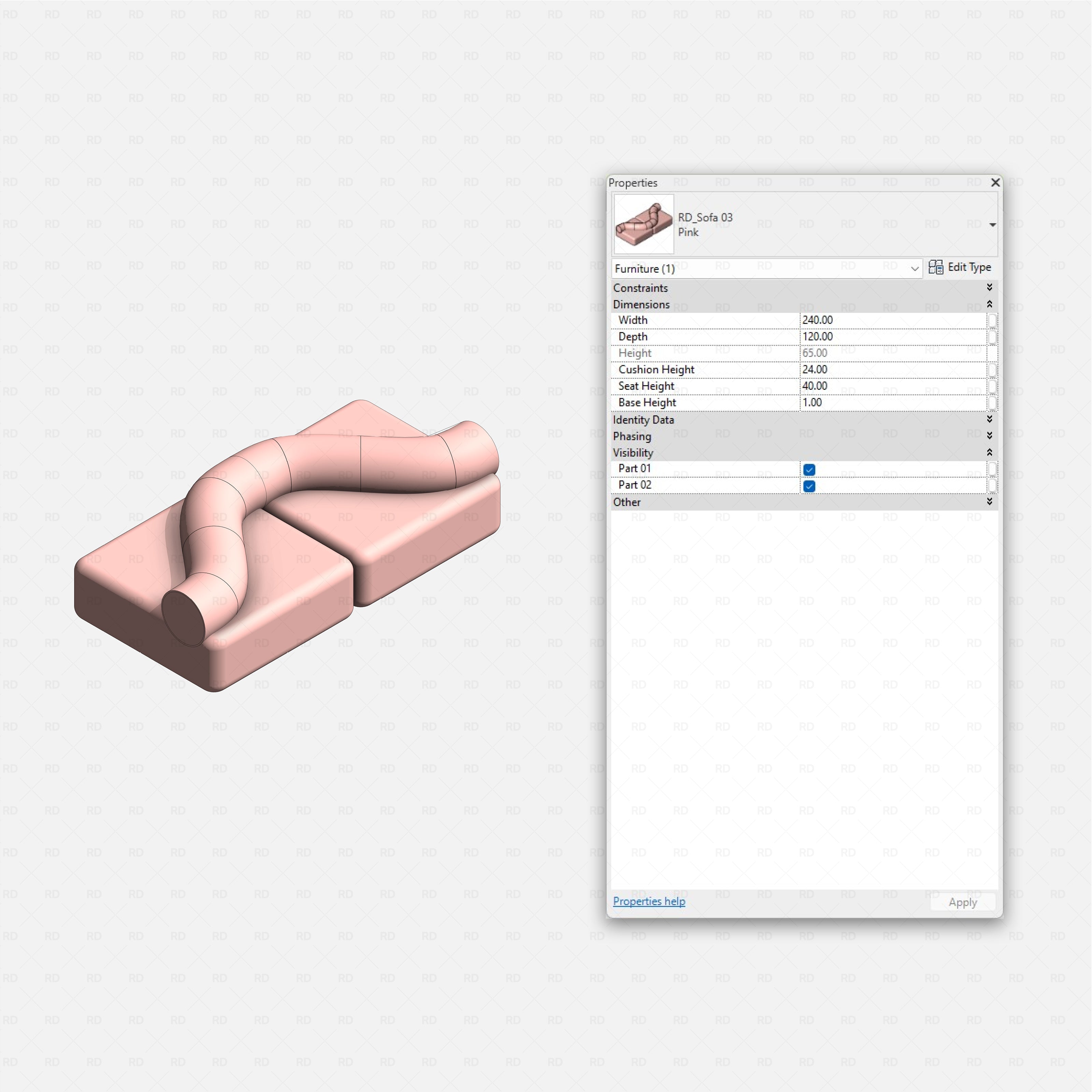 Revit nail studio Pack RD Studio BIM blocks rfa pink sofa