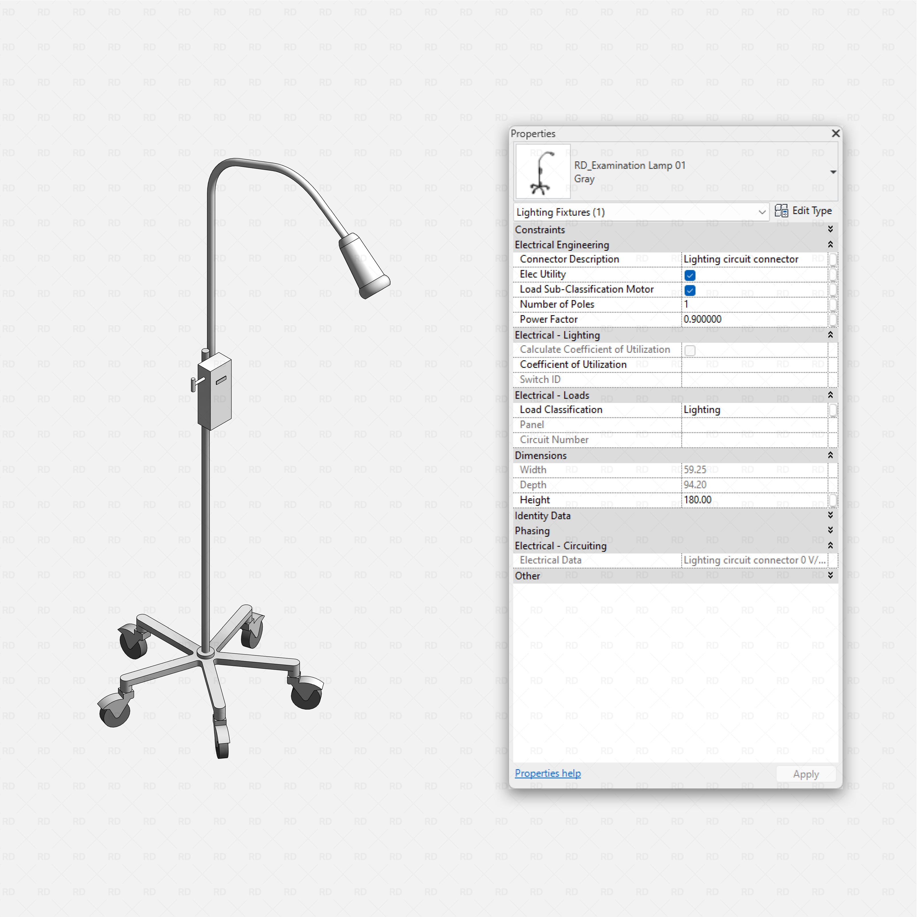 Revit Hospital Neonatal and Pediatric Equipment RD Studio BIM blocks rfa mobile examination lamp family with Revit parameters