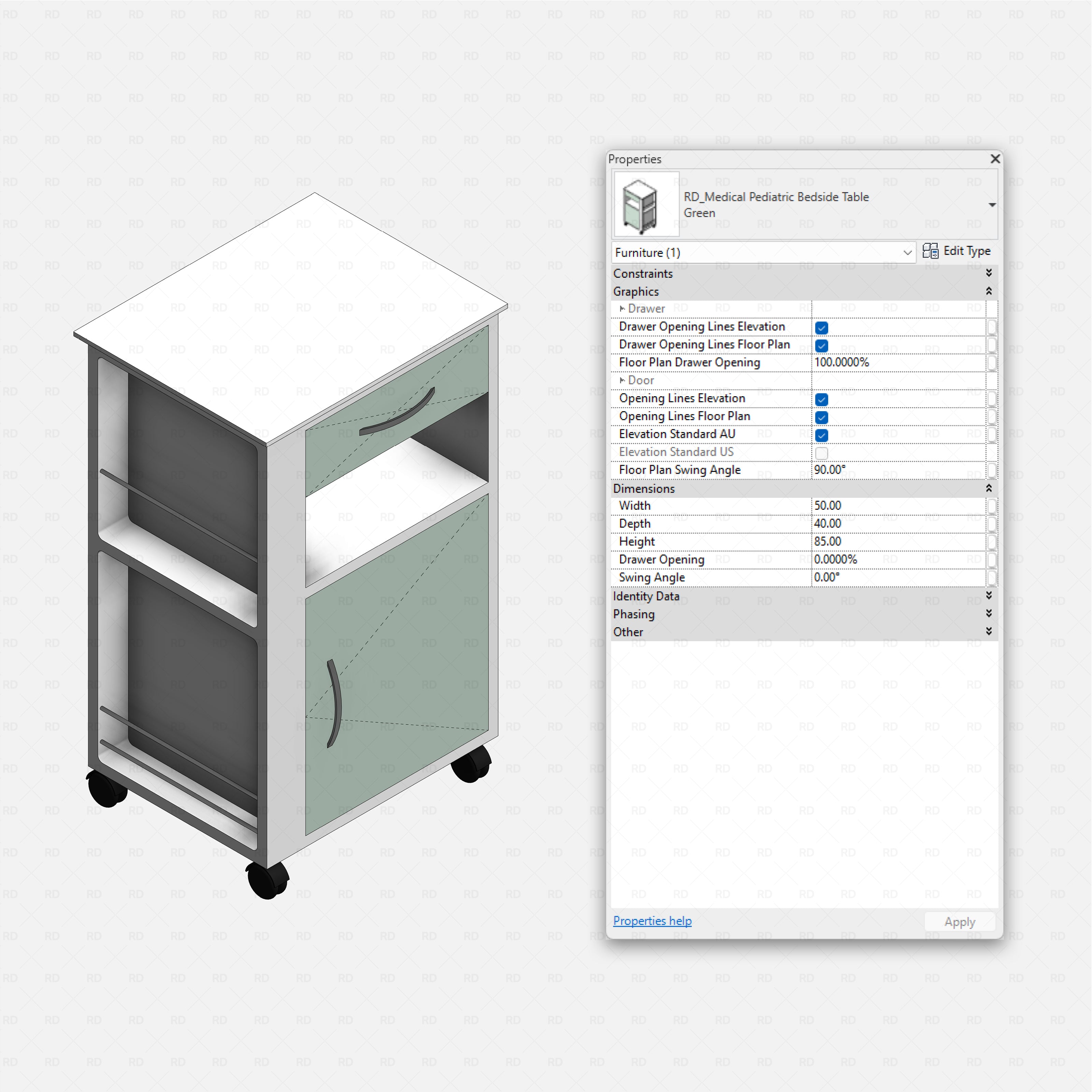 Revit Hospital Neonatal and Pediatric Equipment RD Studio BIM blocks rfa pediatric bedside table cabinet family on casters