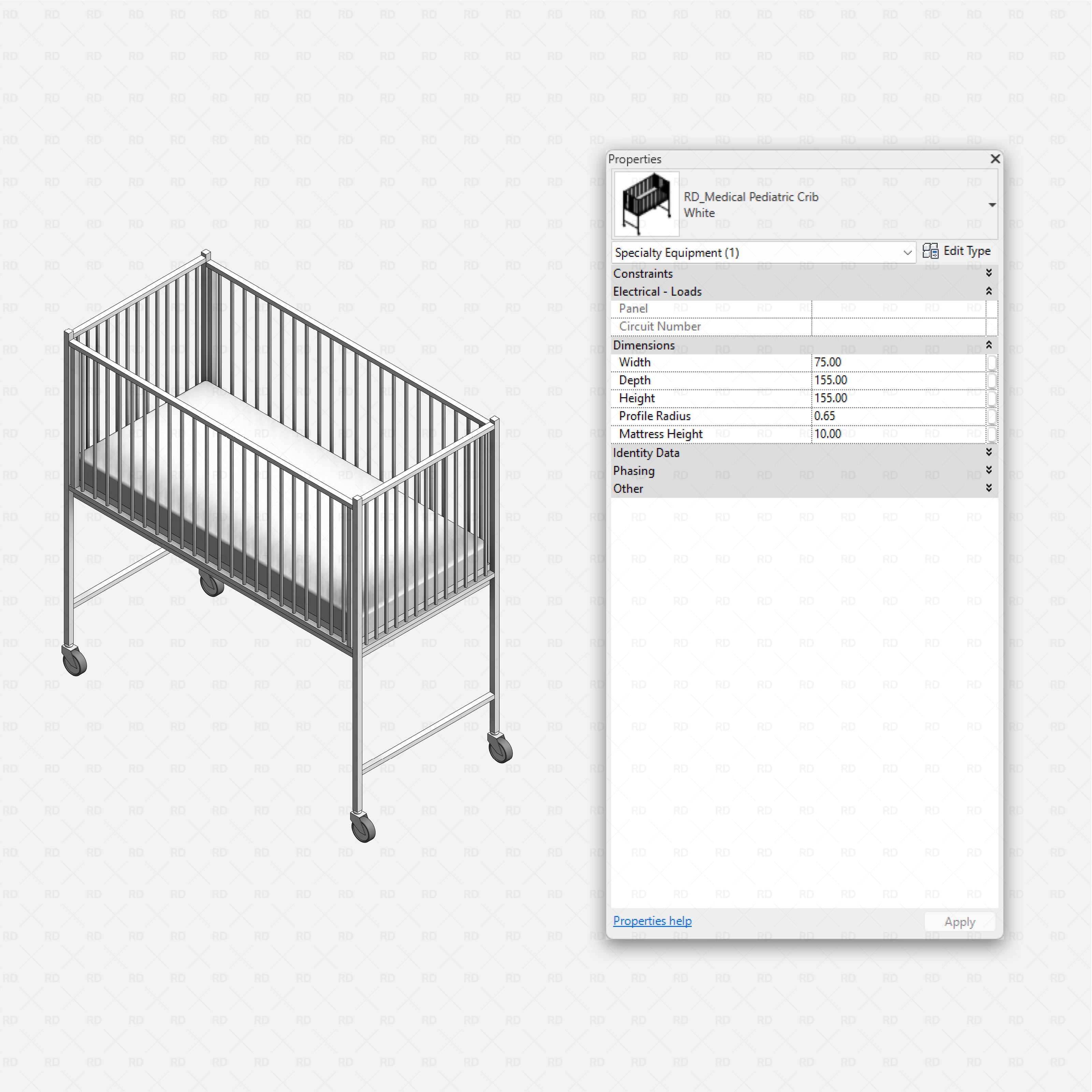 Revit Hospital Neonatal and Pediatric Equipment RD Studio BIM blocks rfa pediatric crib family on wheels with high rails