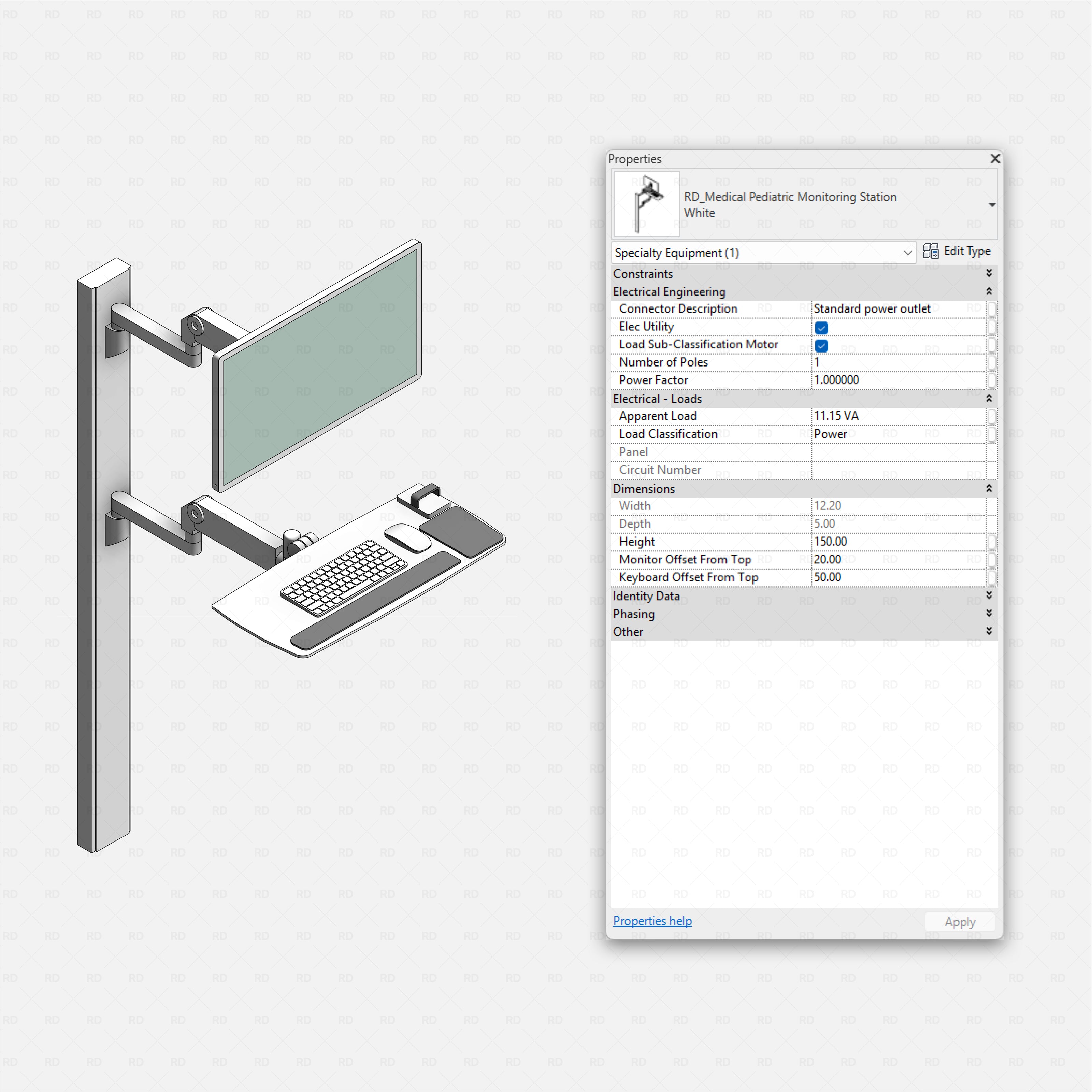 Revit Hospital Neonatal and Pediatric Equipment RD Studio BIM blocks rfa wall mounted pediatric monitoring station family