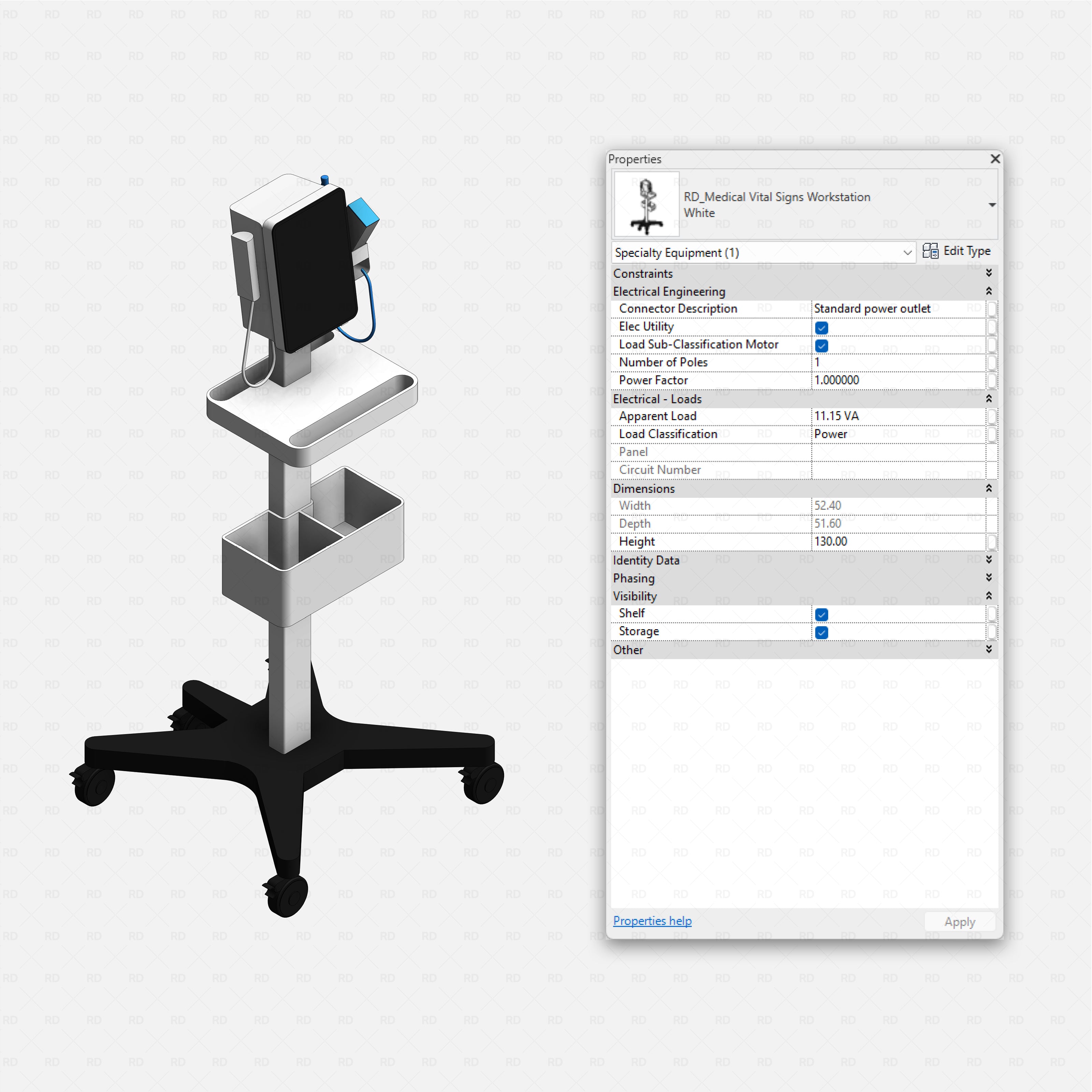 Revit Hospital Neonatal and Pediatric Equipment RD Studio BIM blocks rfa vital signs workstation cart family with storage