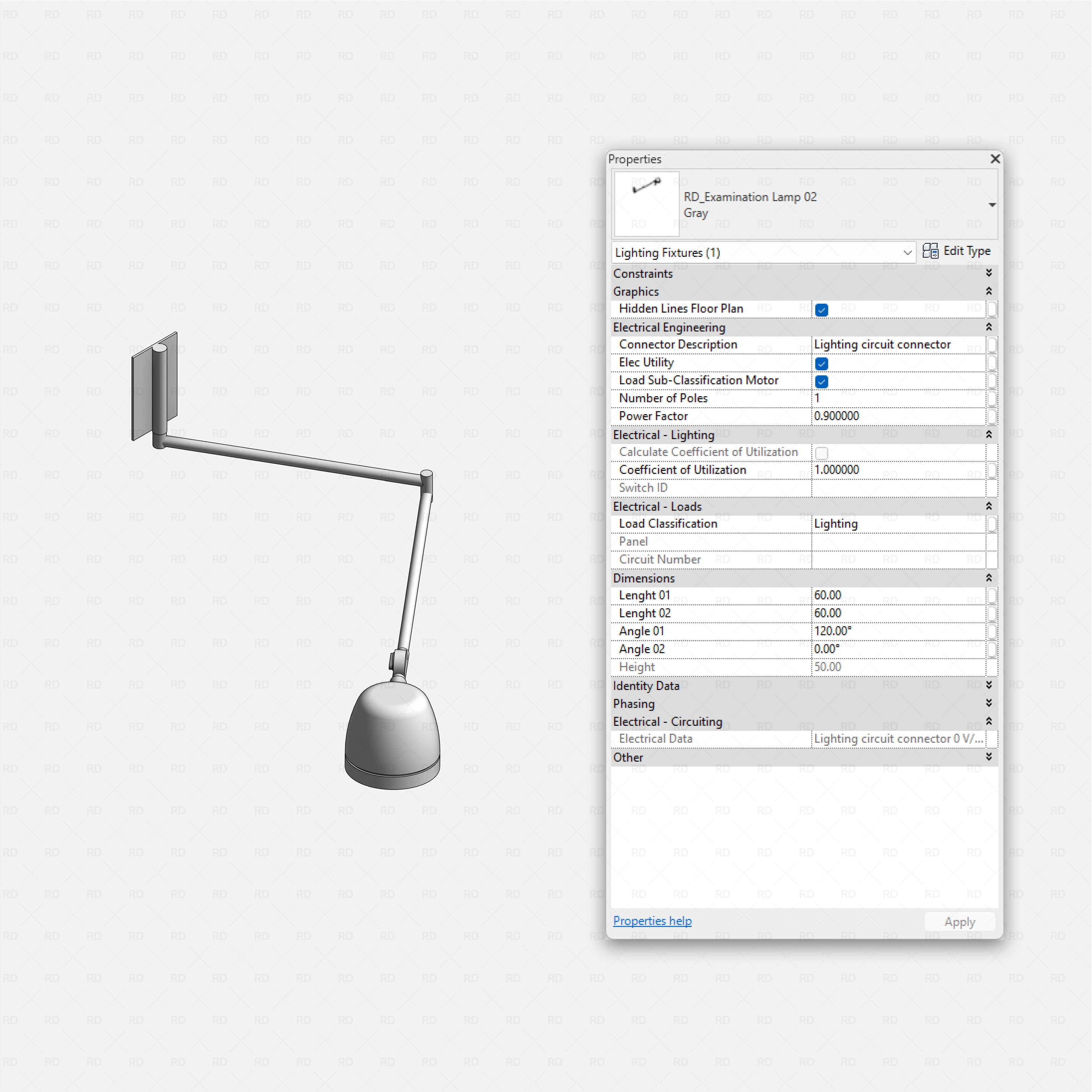 Revit Hospital Neonatal and Pediatric Equipment RD Studio BIM blocks rfa wall mounted examination lamp family adjustable