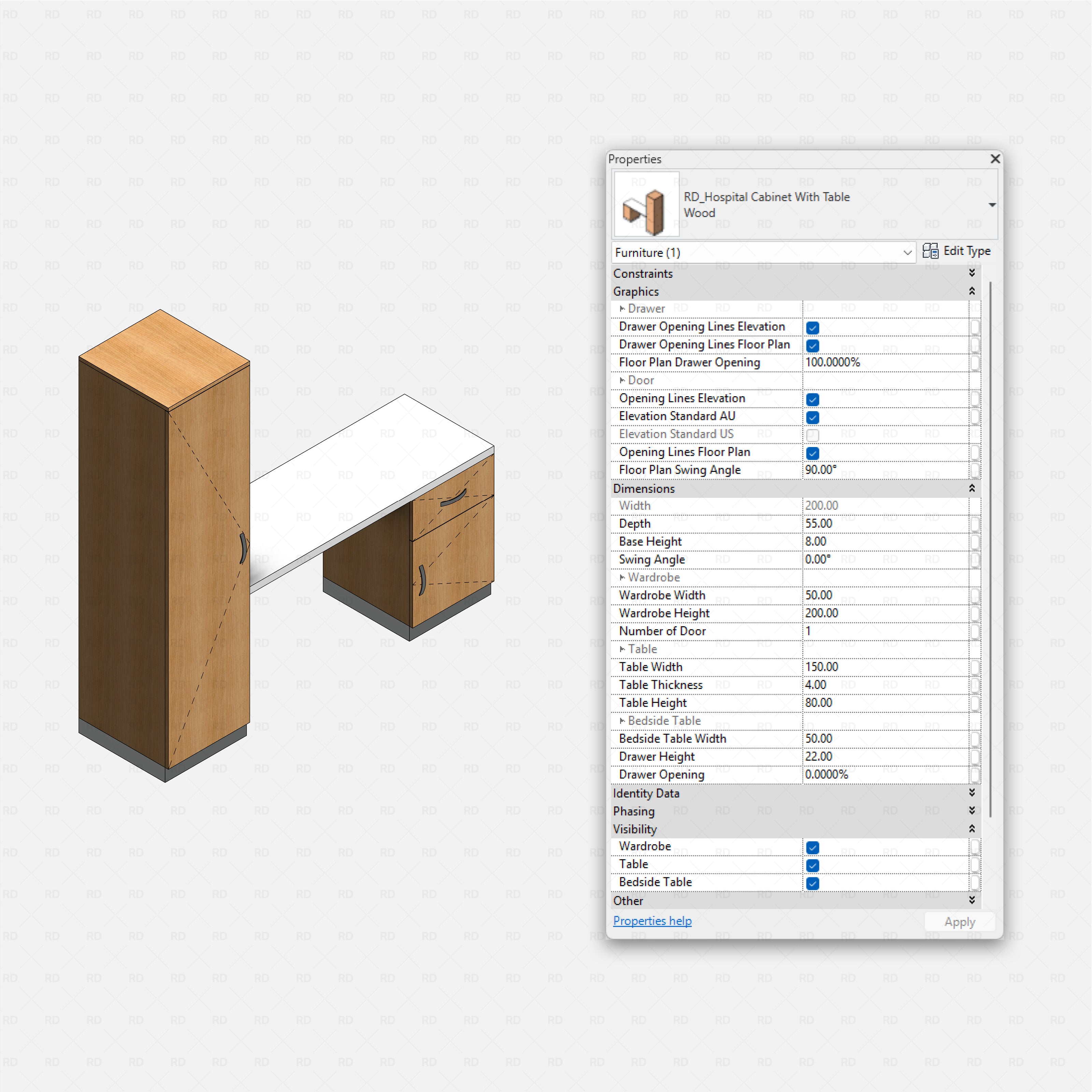 Revit Hospital Neonatal and Pediatric Equipment RD Studio BIM blocks rfa hospital cabinet with desk and bedside table family