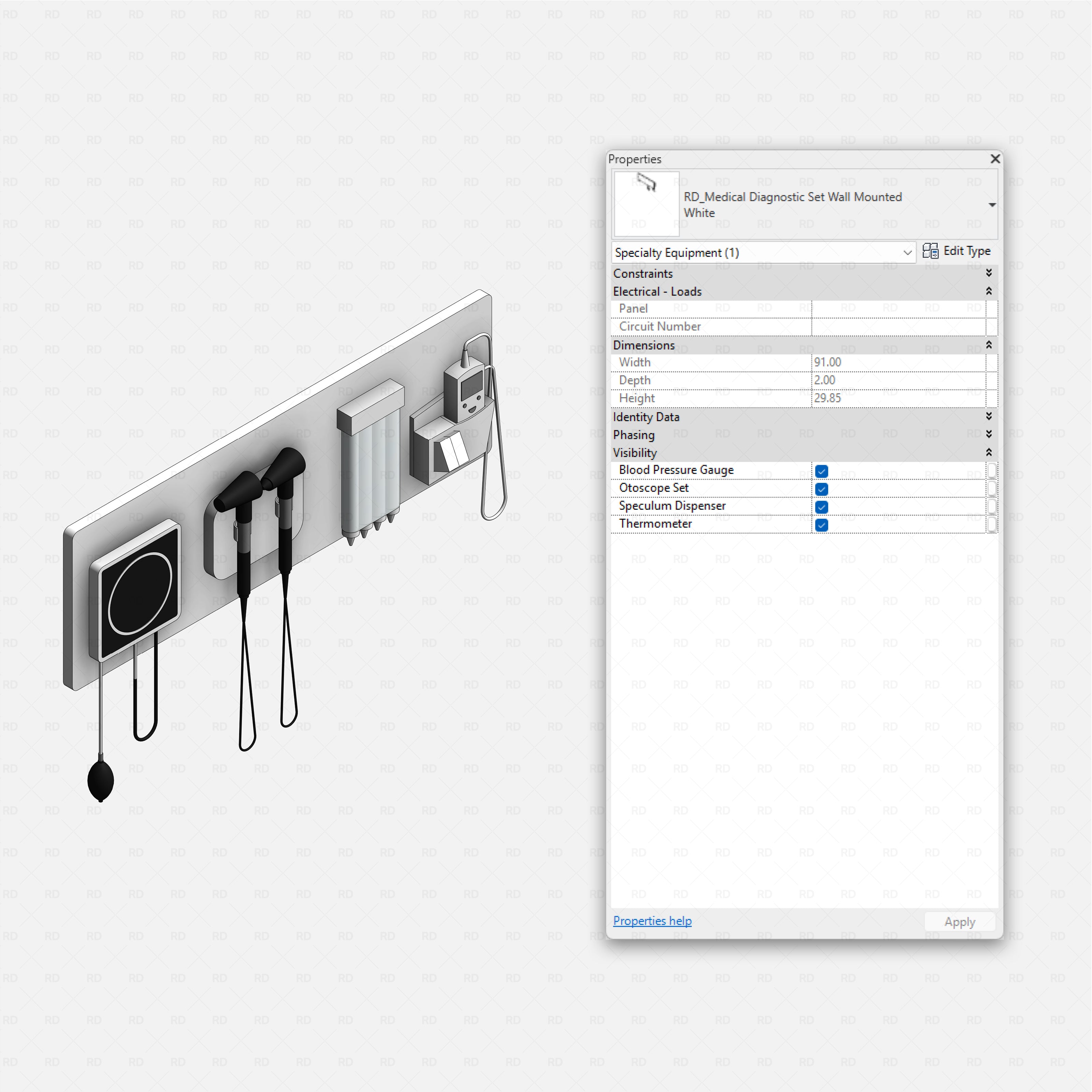 Revit Hospital Neonatal and Pediatric Equipment RD Studio BIM blocks rfa wall mounted medical diagnostic set family
